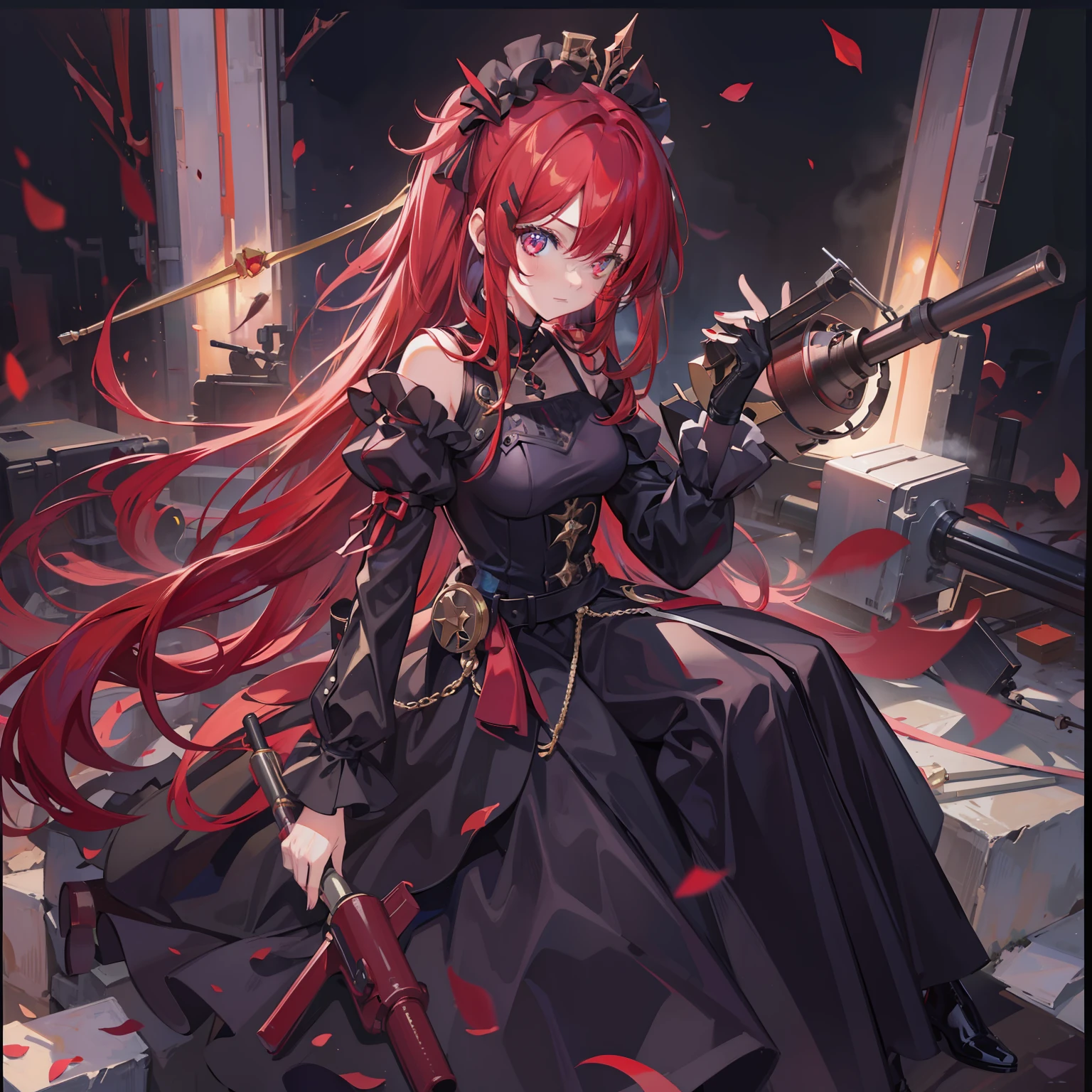 tmasterpiece，Best quality at best，one-girl，Red hair，Cannon in hand，black color dress，with a hairpin on her head，tiese