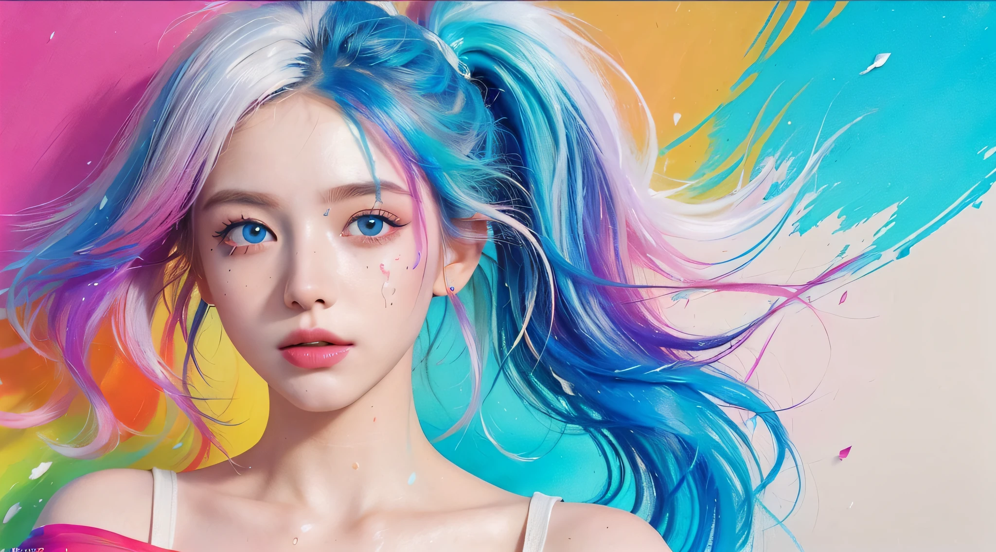 (Pink Fashion T-shirt:1.9),(Colorful hair: 1.8), (all the colours of the rainbow: 1.8),(((((vertical painting:1.6))), (painting:1.6),front, comics, illustrations, paintings, large eyes, crystal clear eyes,( rainbow color gradient high ponytail:1.7), exquisite makeup, closed mouth,(Small Fresh: 1.5),(Wipe Chest: 1.6) ,long eyelashes, white off shoulder T-shirt, White Shoulder Shirt,looking at the audience, large watery eyes, (rainbow colored hair:1.6), color splash, (solo:1.8), color splash, color explosion, thick paint style, messy lines, ((shining)),(colorful), (colorful), (colorful), colorful, Thick Paint Style, (Splash) (Color Splash), Vertical Painting, Upper Body, Paint Splash, Acrylic Pigment, Gradient, Paint, Highest Image Quality, Highest Quality, Masterpiece, Solo, Depth of Field, Face Paint, colorful clothes, (Elegant: 1.2), gorgeous,long hair, wind, (Elegant: 1.3), (Petals: 1.4),(((masterpiece))),(((best quality))),((ultra-detailed)),(illustration),(dynamic angle),((floating)),(paint),((disheveled hair)),(solo),(1girl) , (((detailed anima face))),((beautiful detailed face)),collar,bare shoulders,white hair, ((colorful hair)),((streaked hair)),beautiful detailed eyes,(Gradient color eyes),(((colorful eyes))),(((colorful background))),(((high saturation))),(((surrounded by colorful splashes))),