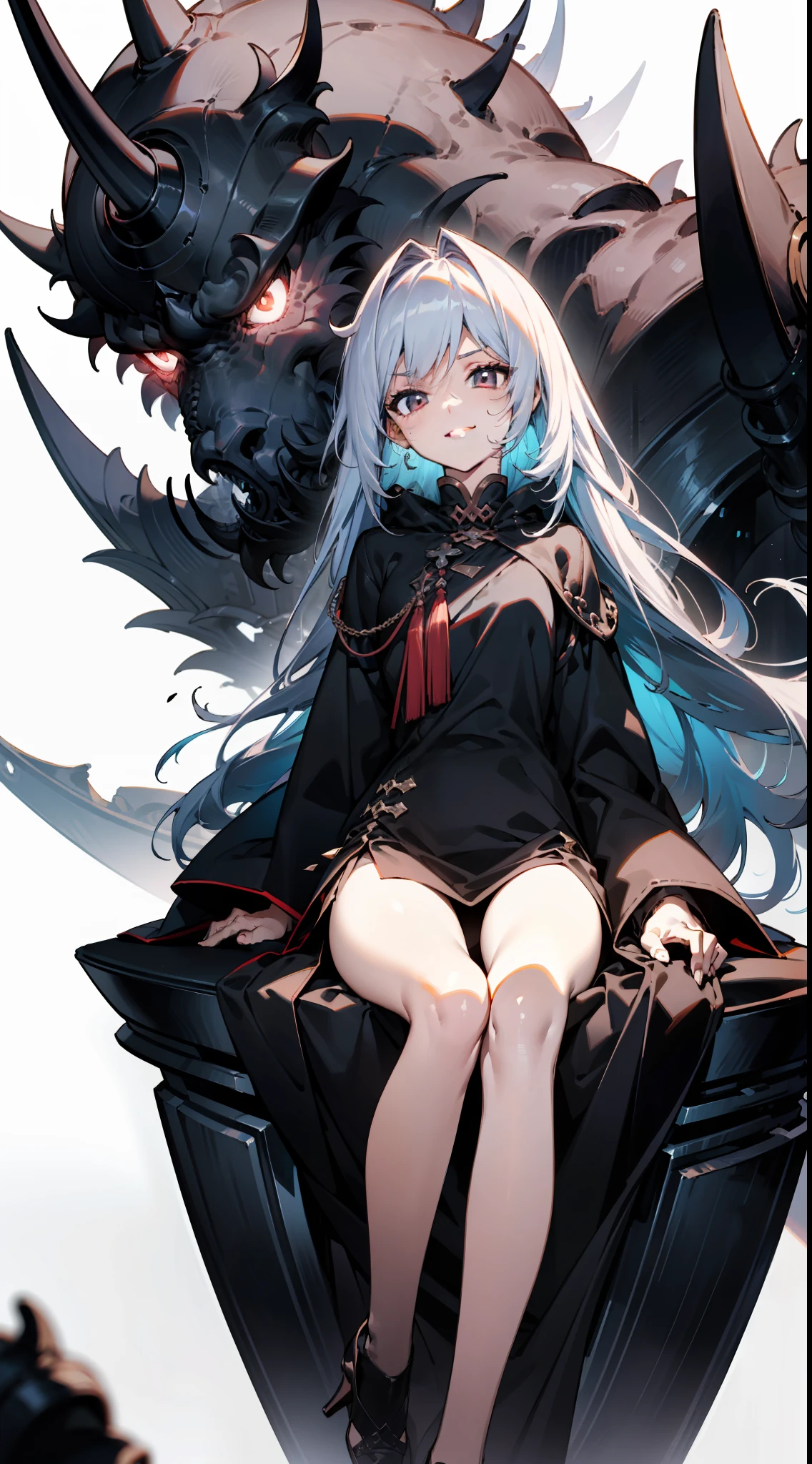 8k 壁纸，((tmasterpiece))，Royal Sister，(White waist-length hair)，God of the gods，dominate，Darkness and evil，There was a red mist around her，(Bare legged)，(Smirking)，Handsome，Black booties，Intricate black robes，(high and cold)，small detailed, Ultra detailed, Best quality, iintricate, (Close up)，Sit with your legs bent，(Sit on a giant mechanical puppet)，Thin leg，Floating black tones，(Behind him is an indescribable behemoth)，(The final showdown)，(Dark storm background)，Line break timeline