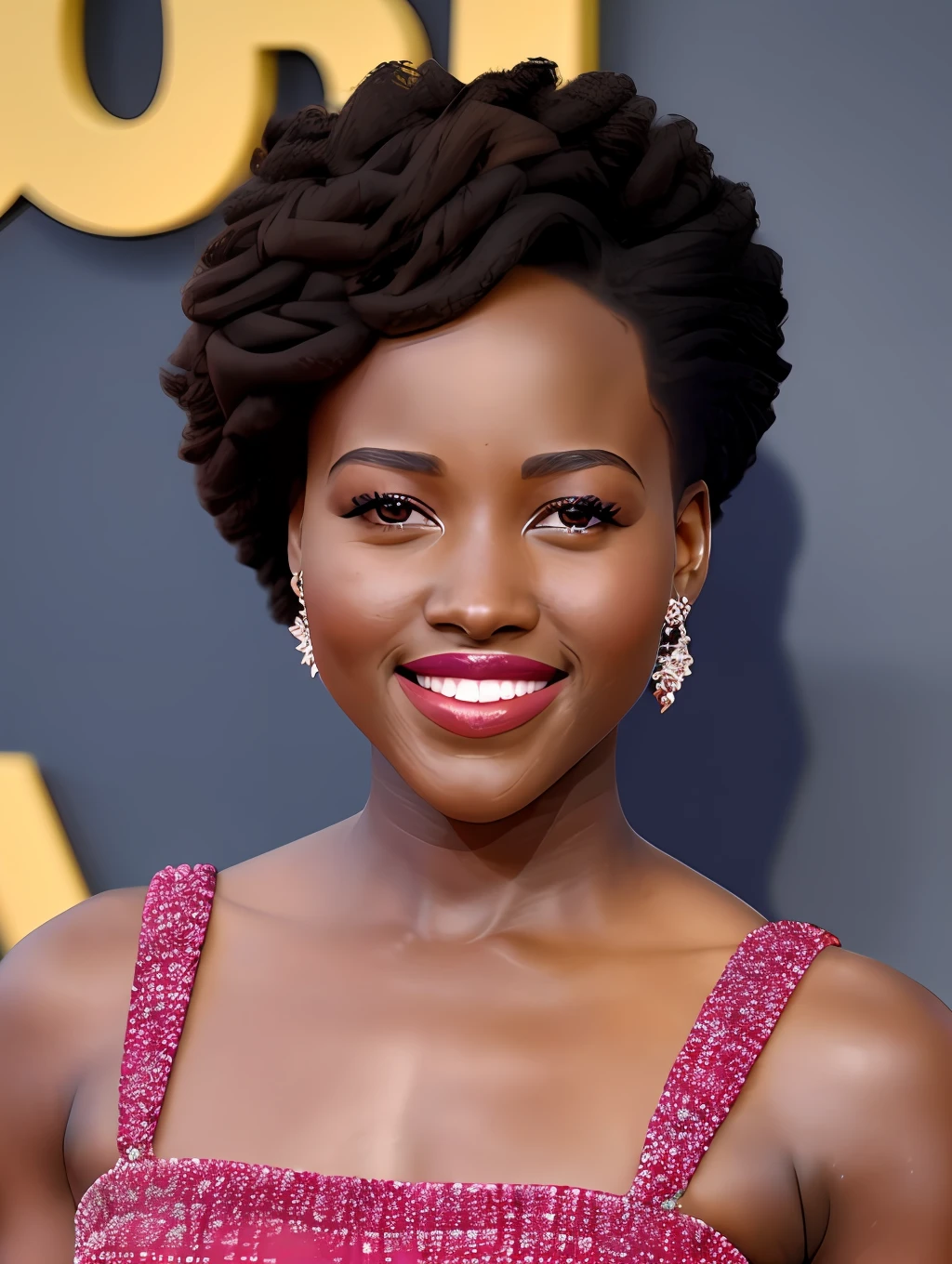 Black and white artistic portrait showing actress Lupita Nyong'o with a beautiful and graceful smile. Ela tem olhos brilhantes e cheios de alegria, pele perfeita e cabelo encaracolado natural maravilhoso. Lupita is wearing an elegant black lace dress with floral details. The background is a smooth gradient. The image is extremely detailed, in high resolution and artistic style Colorful close-up artistic portrait showing actress Lupita Nyong'o standing, com um sorriso confiante. Ela tem cabelos cacheados naturais soltos ao vento, pele perfeita e olhos brilhantes. Lupita is wearing a long bright red dress with a generous neckline, evidenciando seus ombros e colo. Their feminine curves are enhanced by the trim of the fabric. A imagem enquadra da cintura para cima. The background is a royal blue gradient. Lighting enhances your features. A imagem tem qualidade profissional, in very high resolution and with sharp details