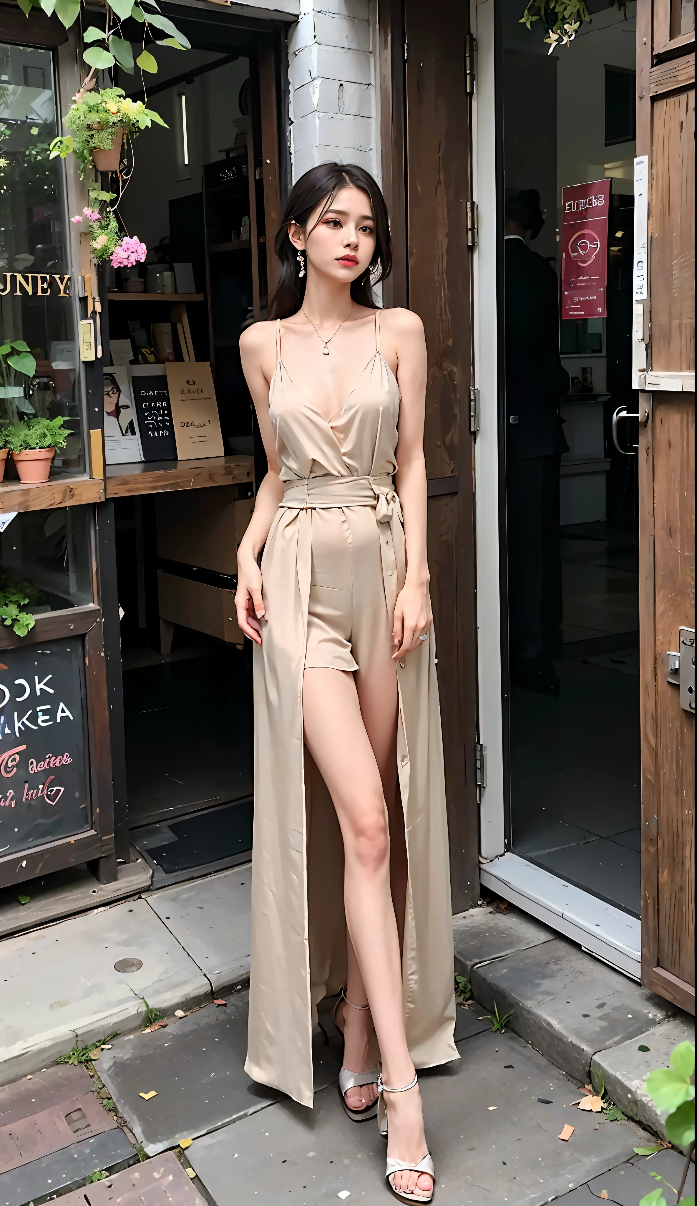 A woman standing outside a store in a tan dress, Jumpsuit, soft silk dress, Long dress, with a thin waist, Silk dress, 🤬 🤮 💕 🎀, taken in 2 0 2 0, author:Emma Andievska, light half opened dress, Cute woman, low cut dress, Gorgeous lady, author:Nico Henrikan, Open V chest clothes