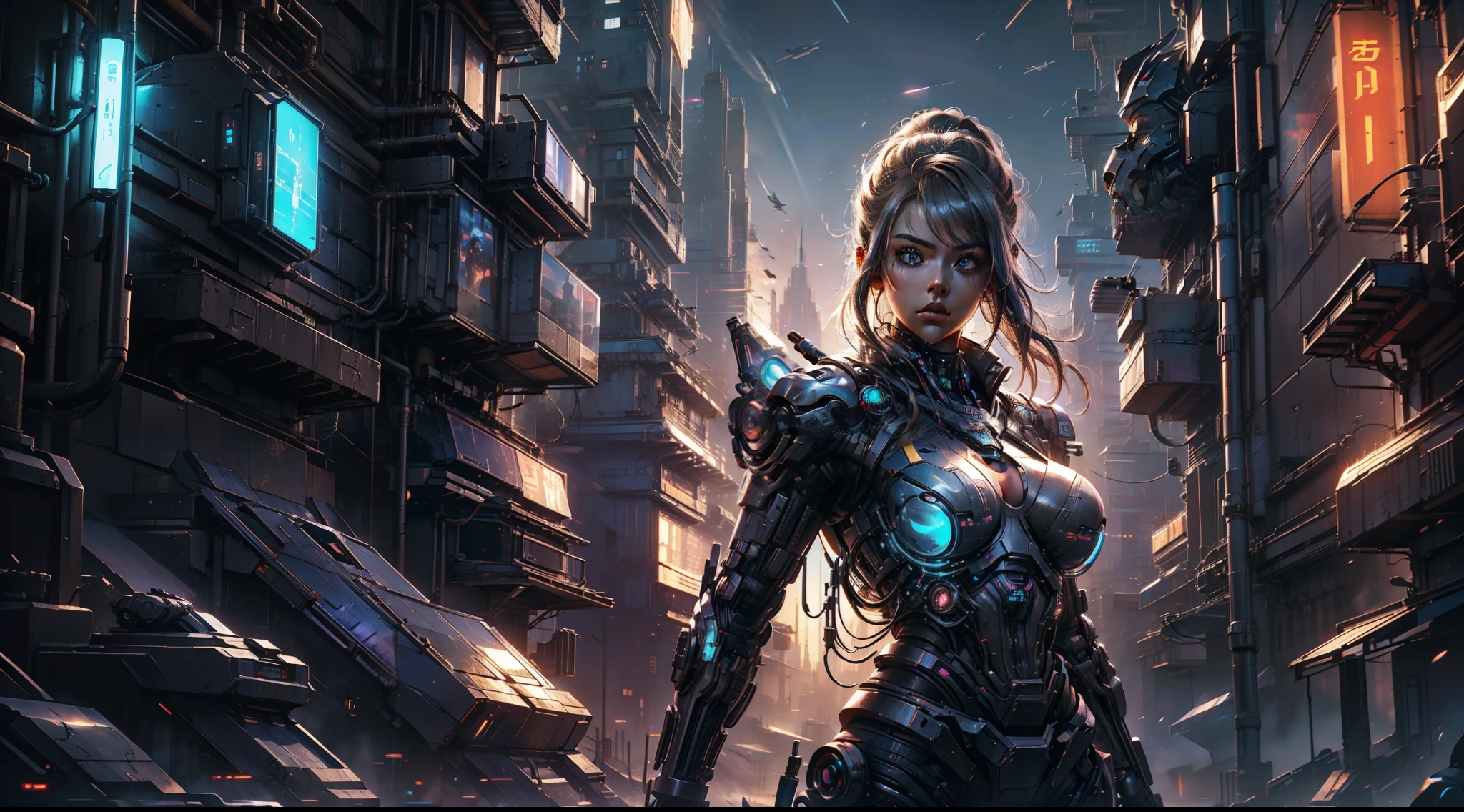 Girl in futuristic suit holding weapon,In front of the city of gunsmoke,Gunsmoke Street,battlefiled, Real women,Real face,cute female child, The perfect cyborg girl, (big breasts beautiful: 1.4),(carismatic:1.3),beautiful girl cyborg,CG,4K,dramatics,Large breasts,the night,Raised sexy,cyber punk perssonage,(Close portrait:1.3),dynamicposes,serious