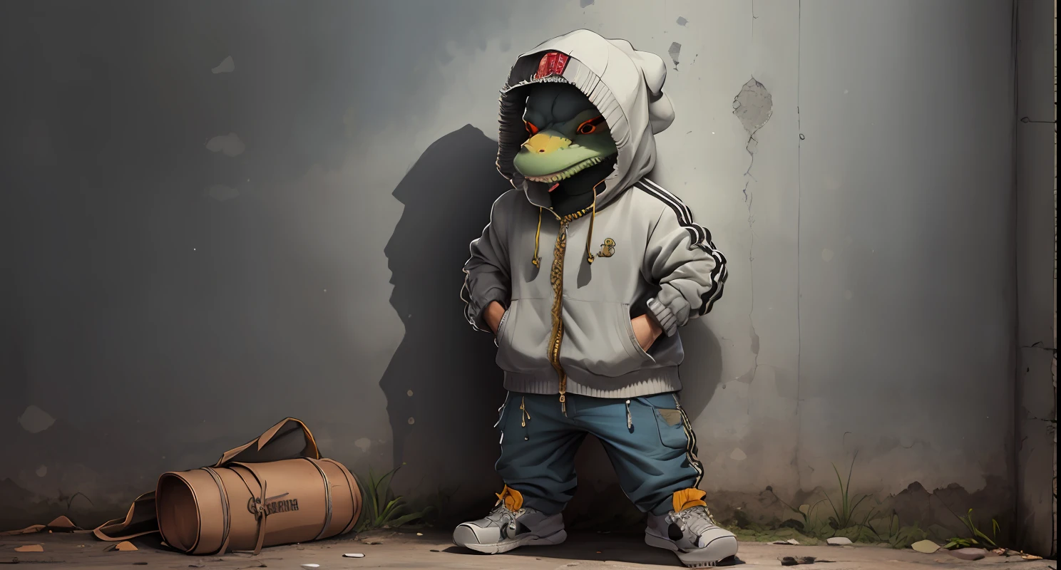 Desenho animado de uma lagartixa, vestida com roupas urbanas, estilo rap, hip Hop, with sneakers, bonnet, Silver Corral.