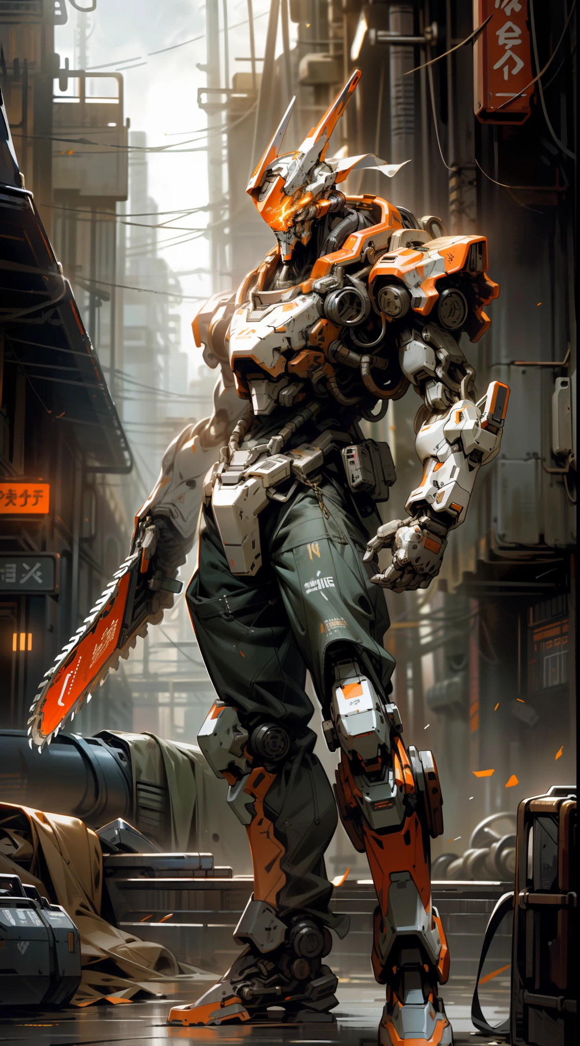 On the moon, barren planet, ruins, holding weapons, no humans, glowing, robot, building, glowing eyes, orange mech, science fiction, city, reality, mecha, galaxy background, full body, neon, cyber Punk, 8K wallpapers, ultra-detailed artwork, cinematic lighting, realistic photos, Dark_Fantasy, Cyberpunk, (chain saw, chain saw man, Red: 1.1), 1man, Mechanical marvel, Robotic presence, Cybernetic guardian, wearing a worn-out machine armor suit, intricate, (steel metal [rust]), elegant, sharp focus, photographed by greg rutkowski, soft lighting, vibrant colors, masterpiece, ((street)), cowboy shot, dynamic pose,