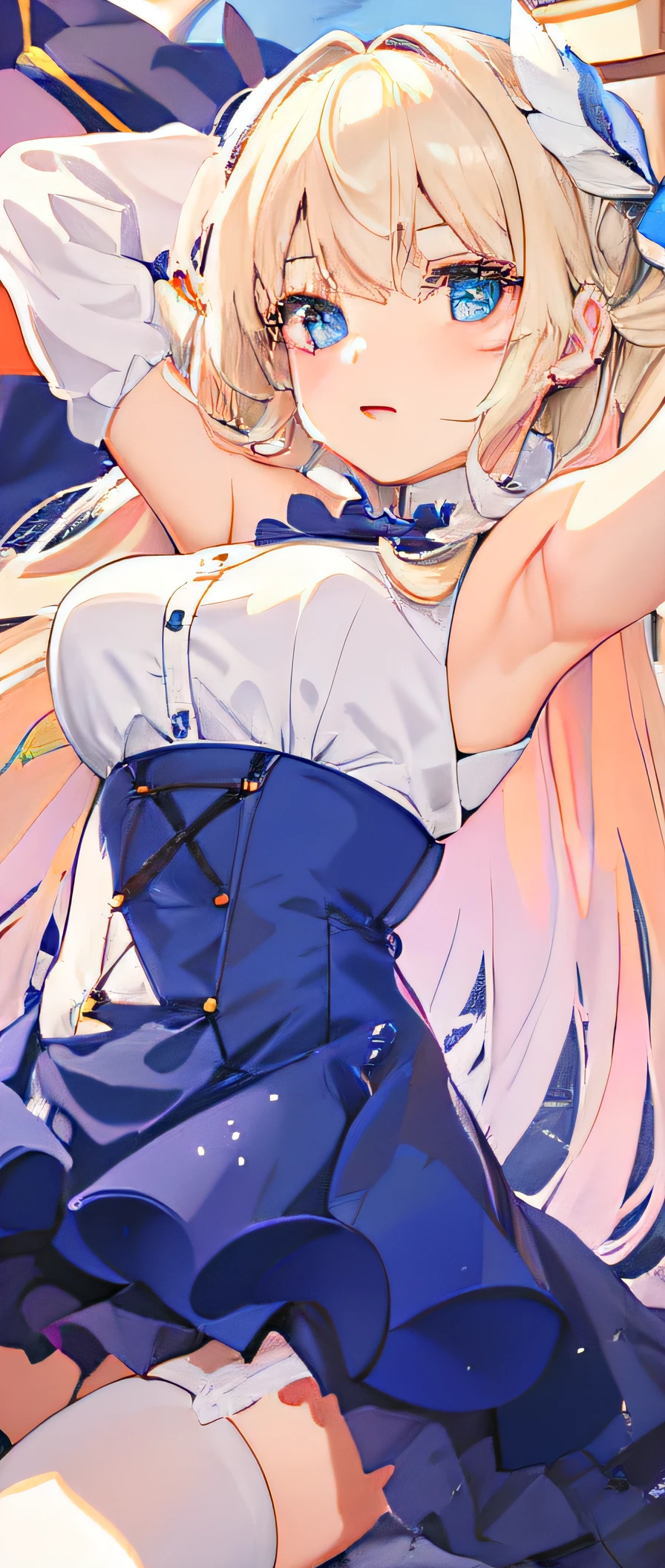 Garota anime com longos cabelos loiros e olhos azuis em um vestido azul, small curvy loli, Loli no vestido, Estilo de pista Azur, menina anime sedutora, | anime de detalhes finos, deusa anime, Anime Barbie em meias brancas, na empresa pixiv, Artoria Pendragon, splash arte anime Loli, Loli, Detalhe extra, por Kamagurka, highres, masterpiece, absurdres, perfect eyes, blue eyes, cute face