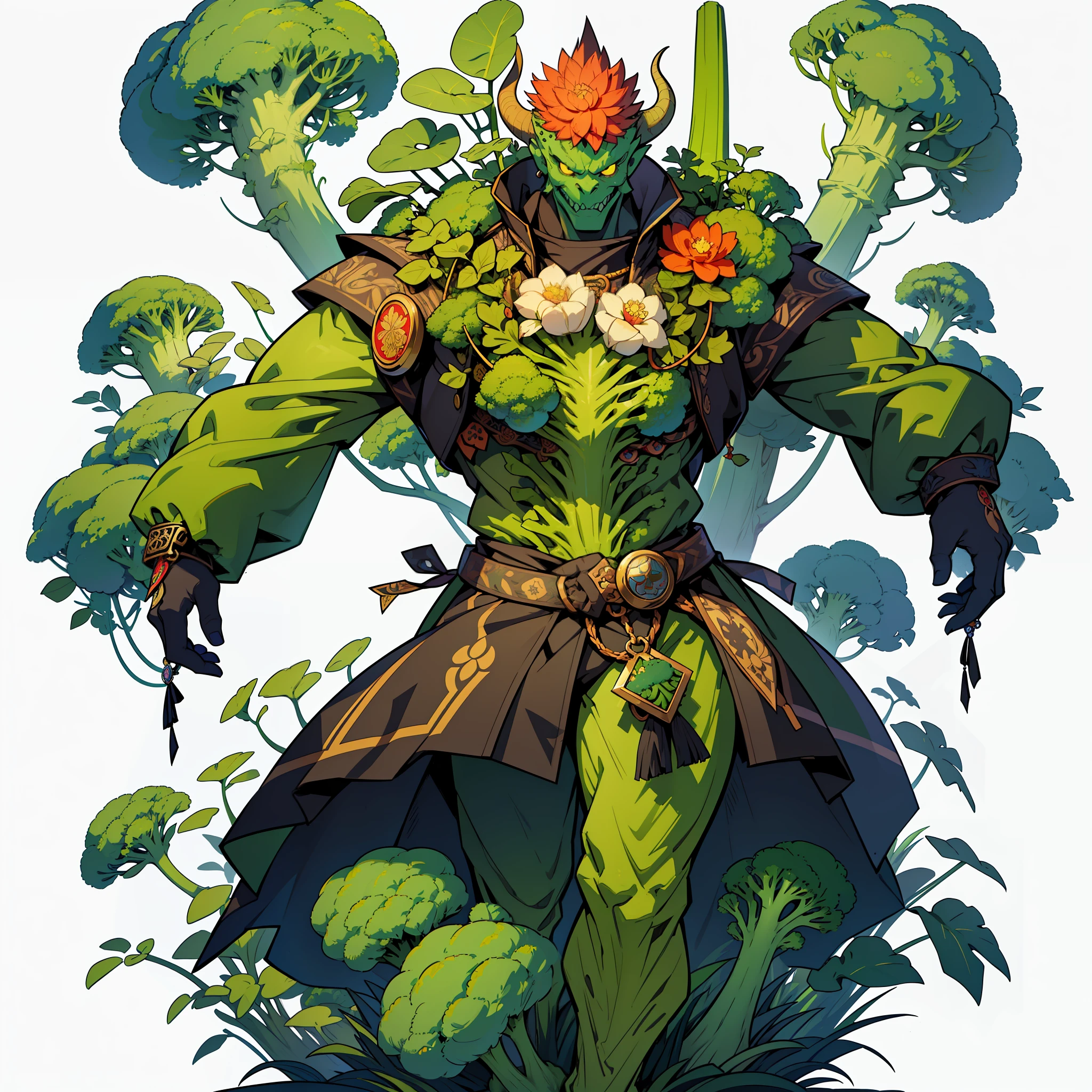 ((top-quality))、((tmasterpiece))、((Full body photo of a man))、((very simple background))、(Game character design)、Southwest flower anthropomorphic monster、monster design，(Broccoli blends into the body，Broccoli decoration)、Cartoony、Beastman、Ornaments with southwestern floral motifs、cyber punk perssonage、Olette、独奏、Fighting posture