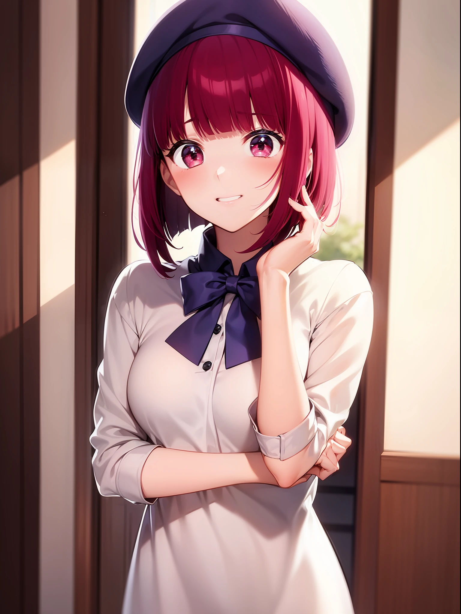 1 girl, graduation bob, straight short hair, mediumvioletred hair, mediumvioletred eyes, big droopy eyes, small beret, selfish, smug face