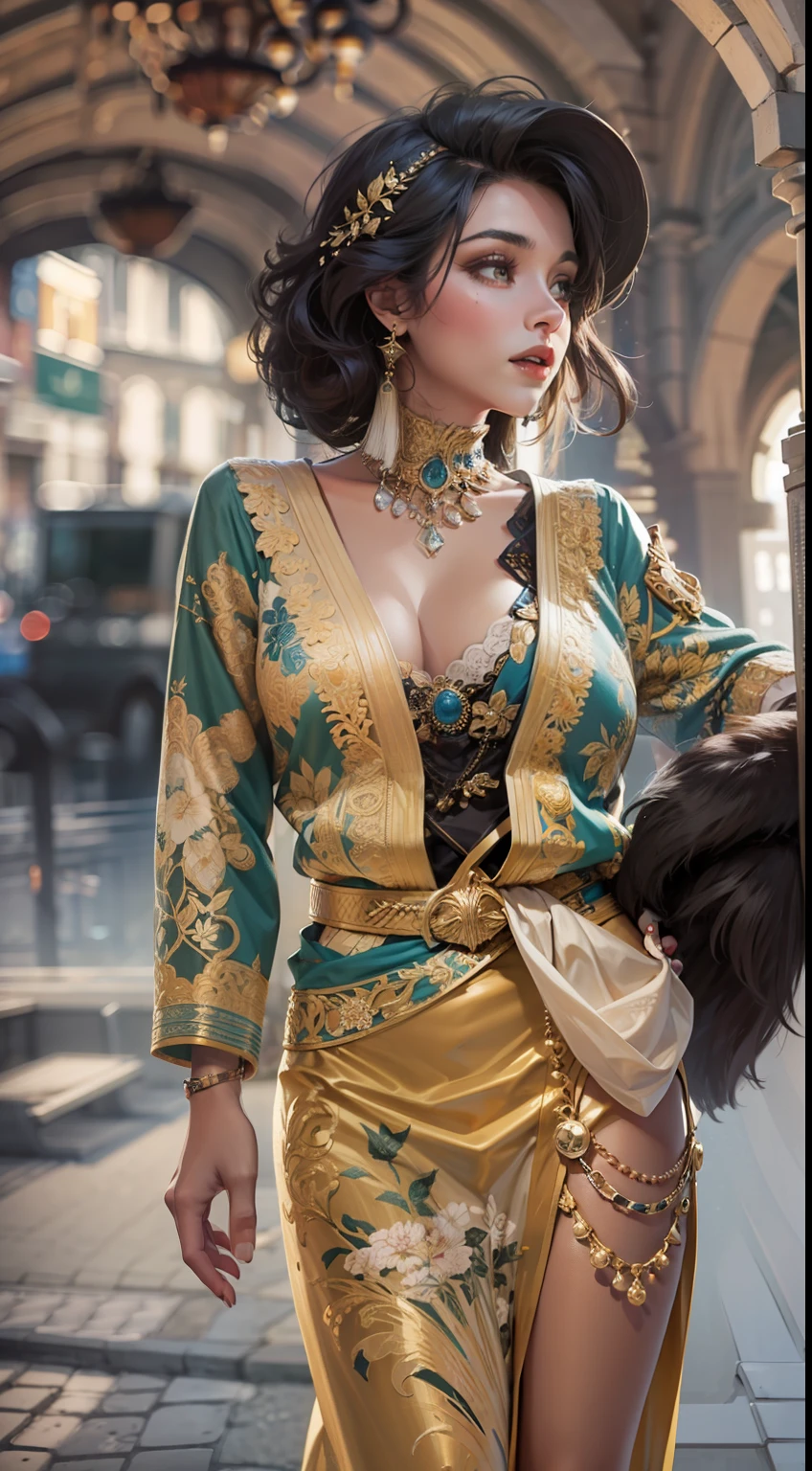 Beautiful woman in intricate Urban Vintage Glam Outfit