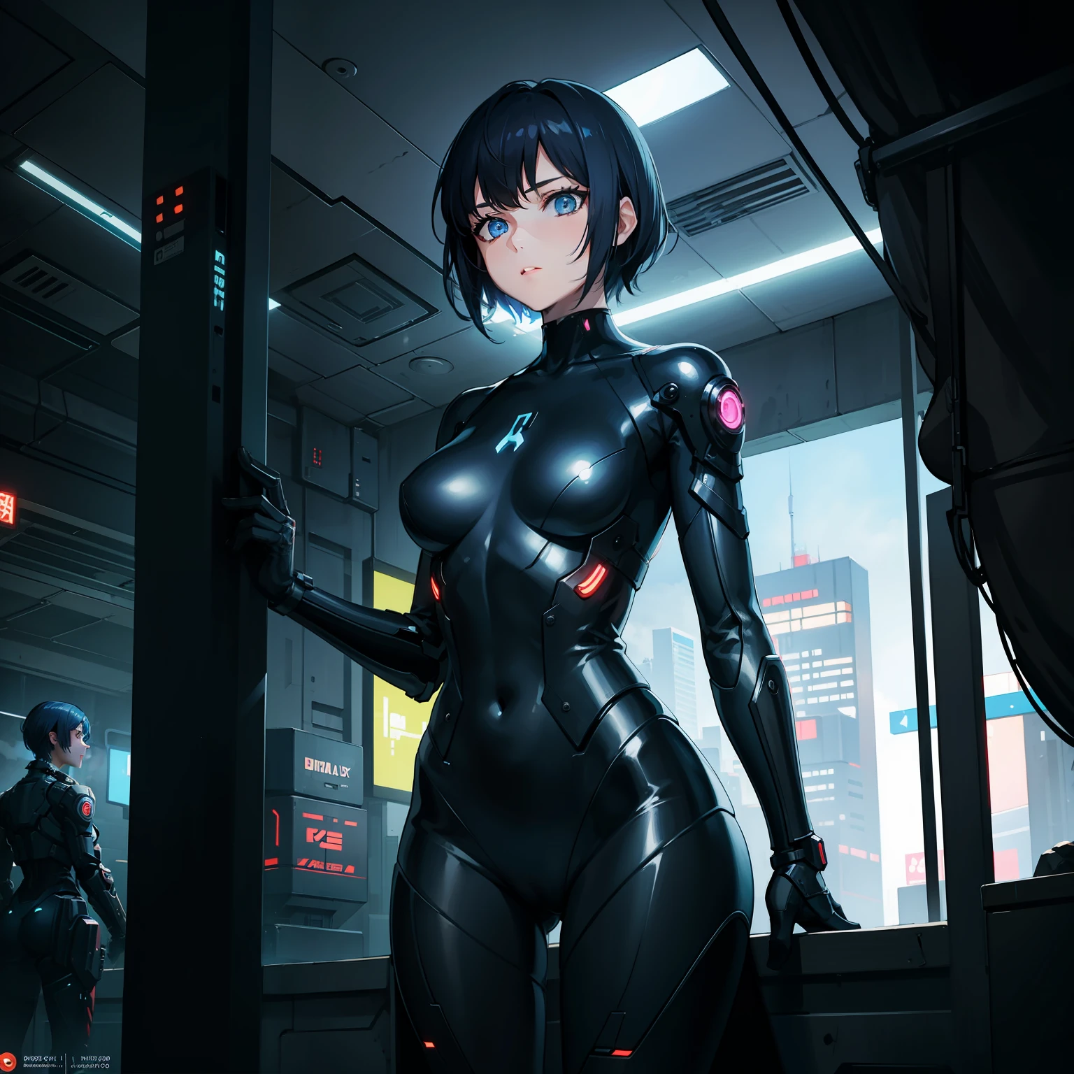 Young women,short hair,blue eyes,medium breasts,short frame,cyberpunk,scifi,bodysuit,indoors,balcony,