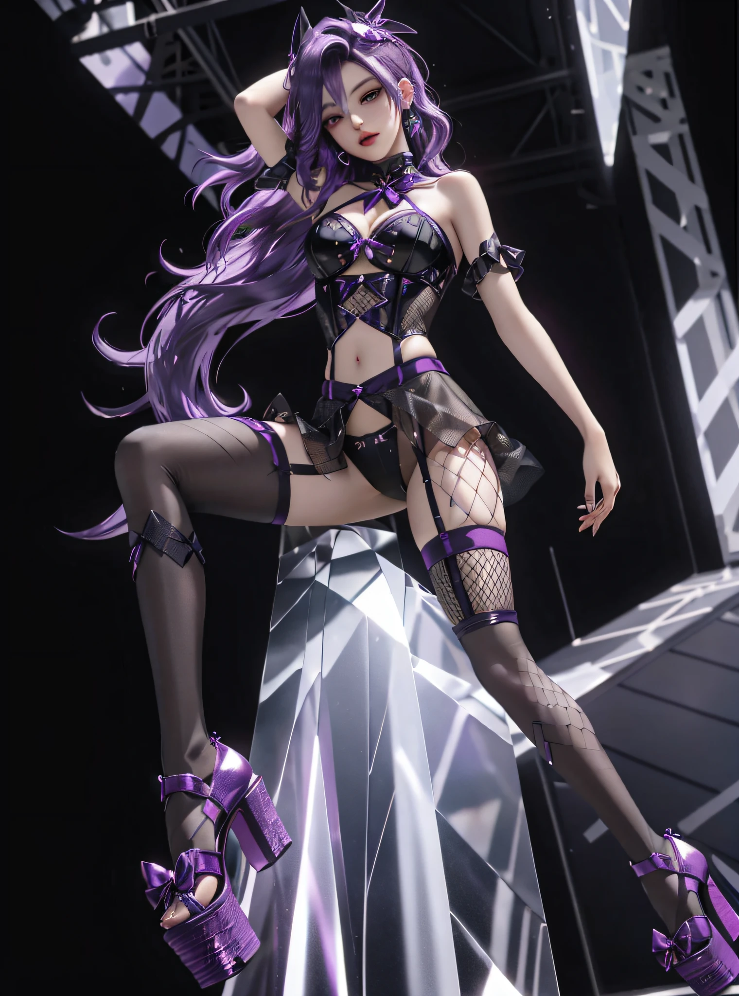 Purple colored hair,big breasts exposed cleavage,fishnet stockings,open waist,Harnes,strappy,Mesh socks,open waist,Showing the belly,Bow heels,platform high heels,platform high heels,Bow knot,fishnet stockings,Hollow-out on,Black silk stockings,Small swimming trunks