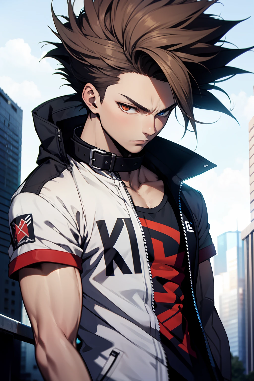 (1 boy), (solo), edgy style, white short hair, messy hair, punk clothes, athletic body, pale skin, ((high quality)), ((hd)), (very detailed), strong body, collar