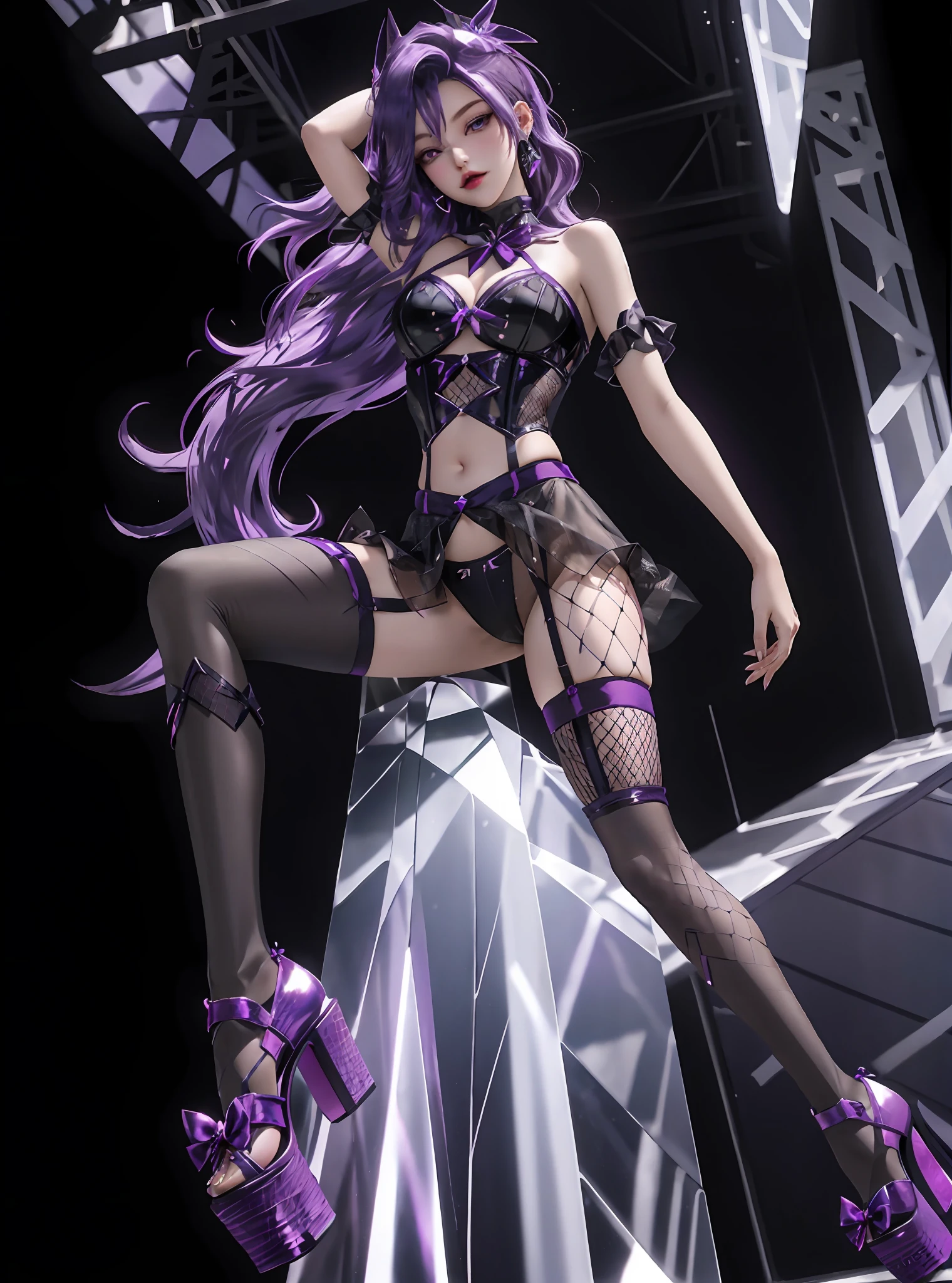 Purple colored hair,big breasts exposed cleavage,fishnet stockings,open waist,Harnes,strappy,Mesh socks,open waist,Showing the belly,Bow heels,platform high heels,platform high heels,Bow knot,fishnet stockings,Hollow-out on,Black silk stockings,Small swimming trunks