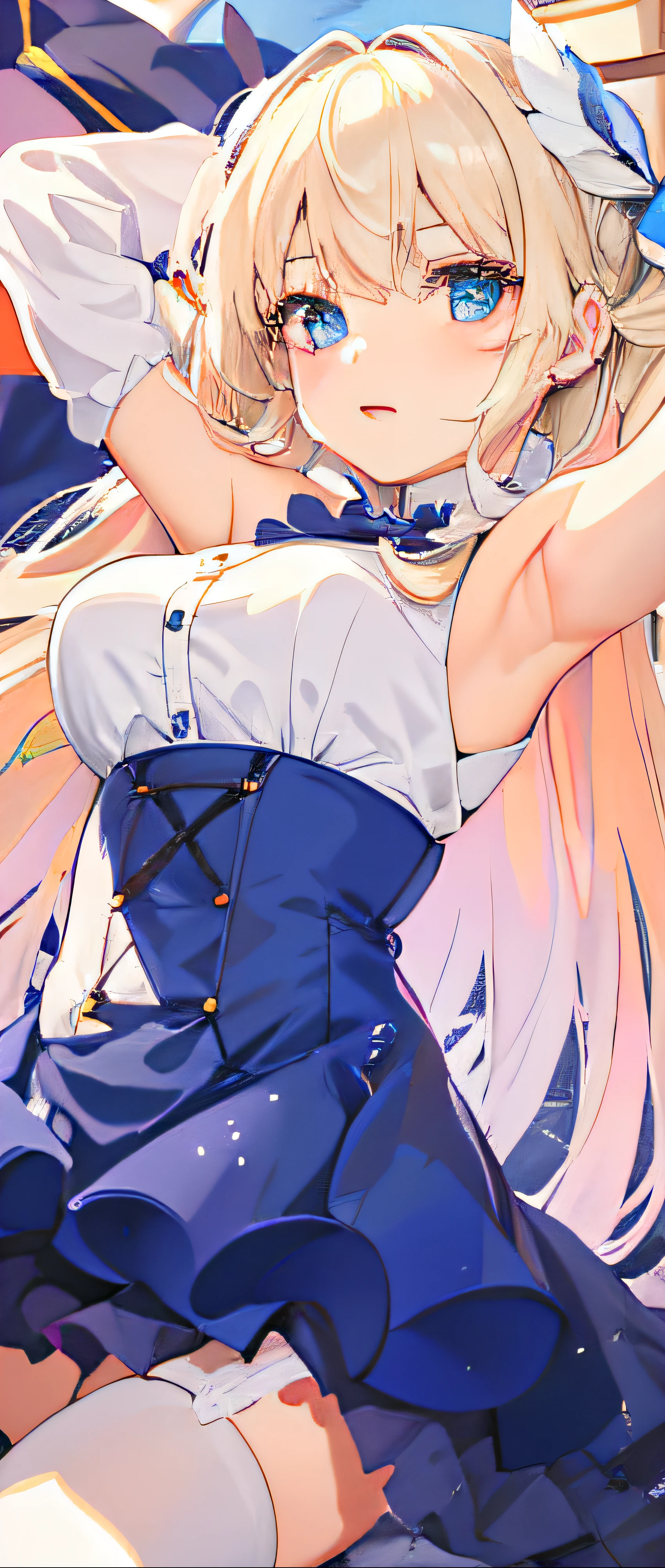 Garota anime com longos cabelos loiros e olhos azuis em um vestido azul, small curvy loli, Loli no vestido, Estilo de pista Azur, menina anime sedutora, | anime de detalhes finos, deusa anime, Anime Barbie em meias brancas, na empresa pixiv, Artoria Pendragon, splash arte anime Loli, Loli, Detalhe extra, por Kamagurka, highres, masterpiece, absurdres, perfect eyes, blue eyes, cute face