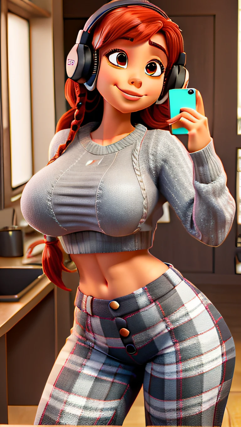 1girl, grey-skinned female, muscular female, corpo muscular, tatuagem tribal, Abs, seios grandes, Seios enormes, massive breasts, seios gigantescos, gray sweater shirt, silk pants, with headphones listening to music, fazer um piquenique, dia ensolarado, Feliz, seios suculentos, corpo suculento, medium hair, red hair, plaid pants, seios cheios, cabelo com dreads, nipple bulge, bunda grande, mouth with fleshy lips, com adornos dourados, foco das mamas, iPhone, with breakfast on the table, cabelos volumosos, corpo suado, nipple bulge under sweater, dos desenhos animados, In Pixar-style animation, MILF, Mature female, breasts larger than the head, shirt buttons popping because of the boobs, lacy bra appearing on shirt, corpo atrativo, seios fartos, coxas fartas, bunda farta, sorrindo para a selfie, selfie