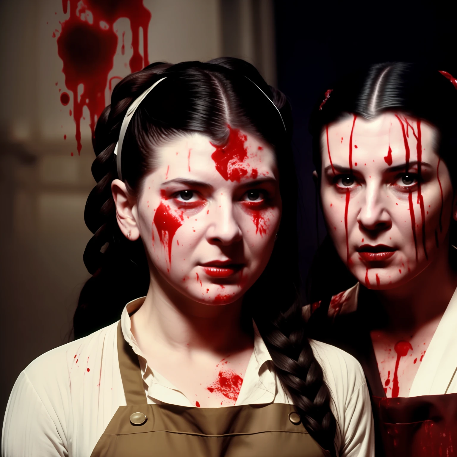 there is a woman with blood all over her face and a man with a tie, pale woman covered with blood, scary picture in color, blood on clothes and face, marina abramovic, in an apron covered in blood, slasher smile, inspired by Marina Abramović, cursed image, from horror movies, young carrie fisher, terrifying masterpiece, violent and vicious appearance