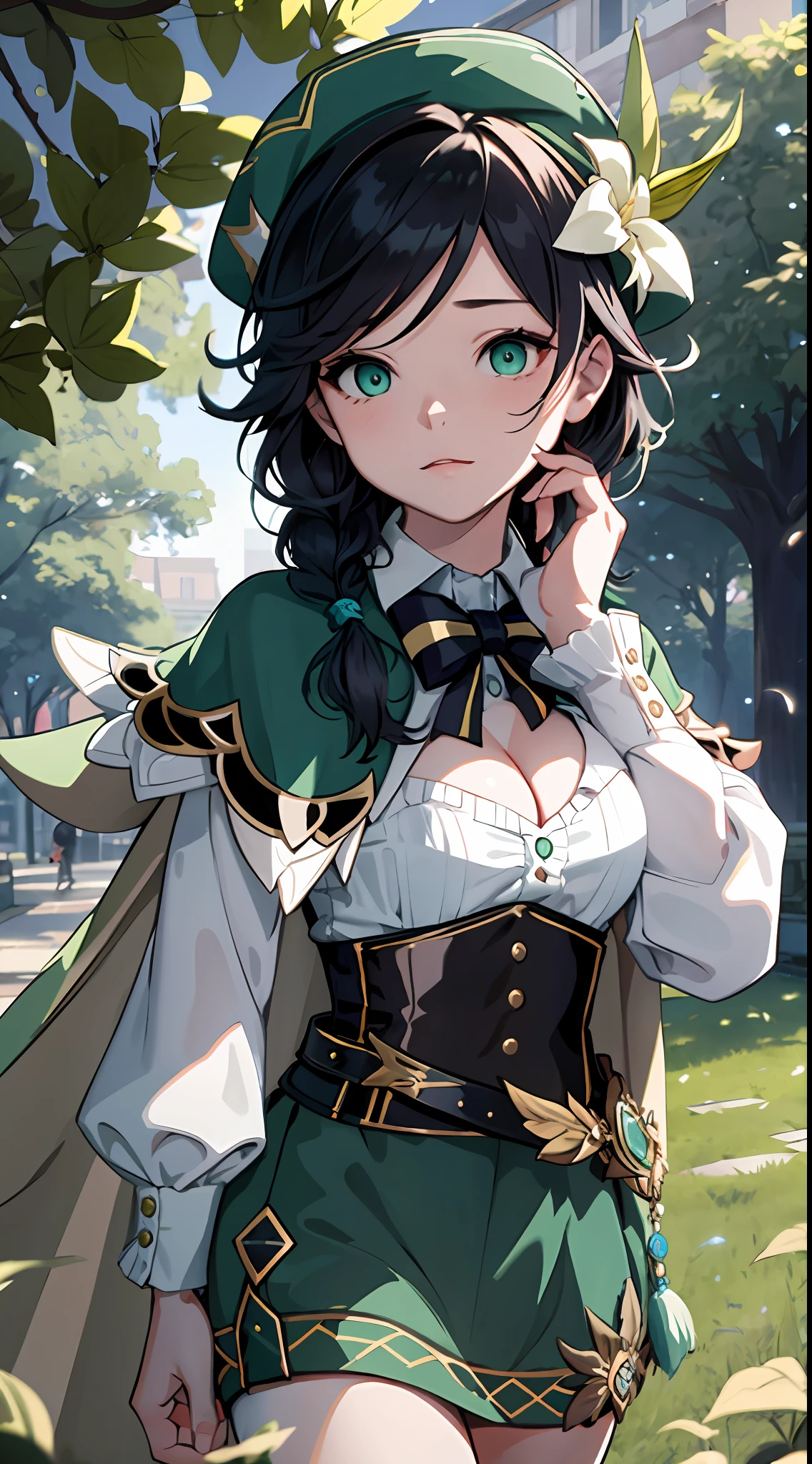 Masterpiece, Best quality,(Night:1.6),1boy, Kizi,Large breasts,(cleavage:1.2),Off-the-shoulder attire,Superskirt,Venti (Genshin Impact), Solo, green headwear, Hat, flower, multicolored hair, Long sleeves, Braid, frilled sleeves, lyre, collared cape, Double up braid, beret, shirt, bobbed long hair, flor branca, leafs, Gradient hair, Black hair, bangs, White shirt, frilld, Cape, Corset, Green eyes, Collared shirt, musical note, Holding, Outdoors, view the viewer,(kbxll:0.6)