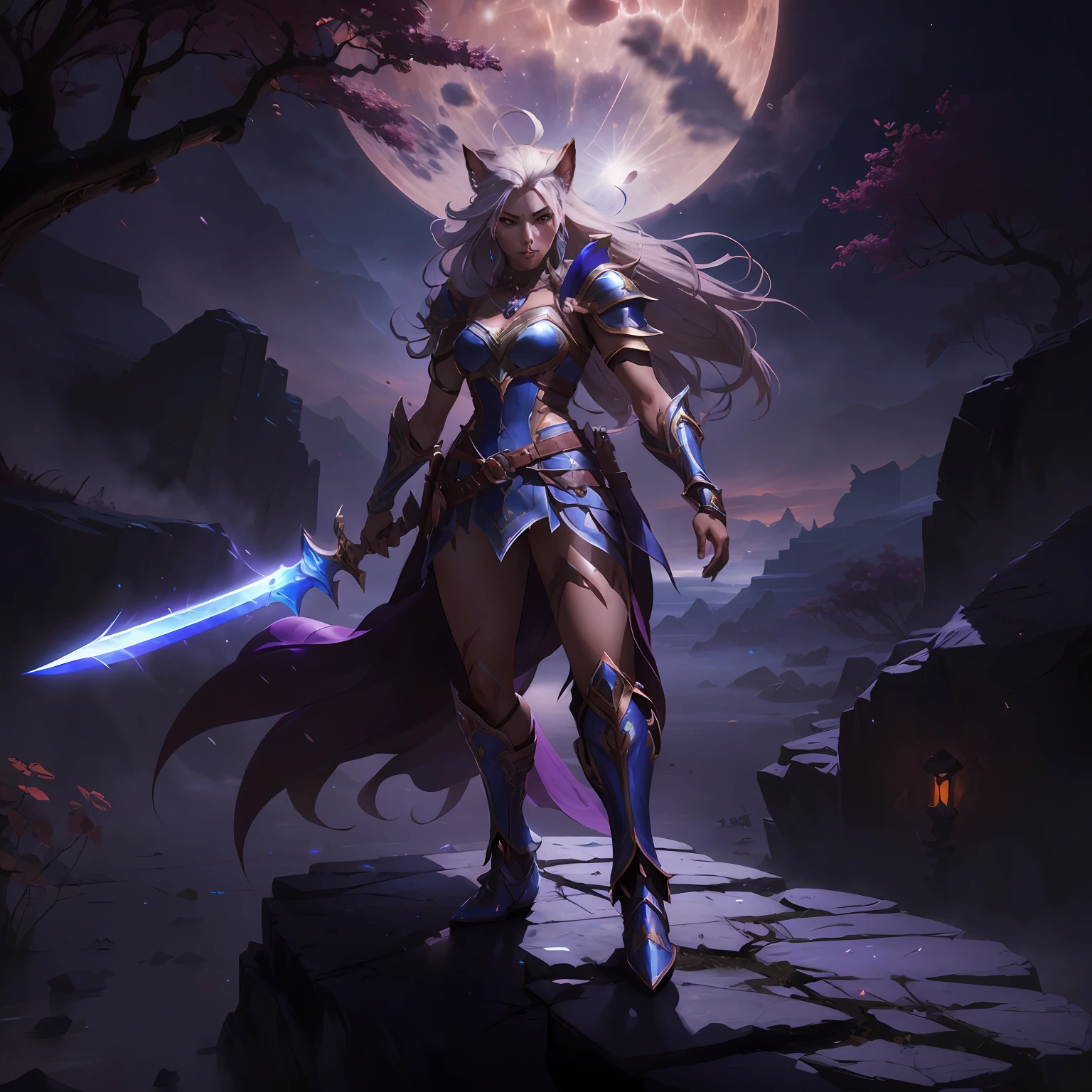 Alafed female warrior with sword standing on rock in front of full moon, character splash art, Female Warrior, iconic character splash art, fantasy paladin woman, 2. 5 d cgi anime fantasy artwork, samira from league of legends, cushart krenz key art feminine, league of legends character art, Concept art | ArtGerm