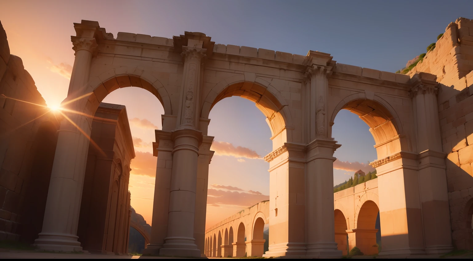 "Stable Diffusion model: Roman aqueduct at sunset with majestic arches, capturing the grandeur of ancient engineering marvels, highlighting the intricate design and precise craftsmanship. The warm glow of sunlight reflects on the smooth stones, casting soft shadows. Show the immensity of the structure against a backdrop of rolling hills and a clear blue sky. Emphasize the historical significance and cultural heritage. +"