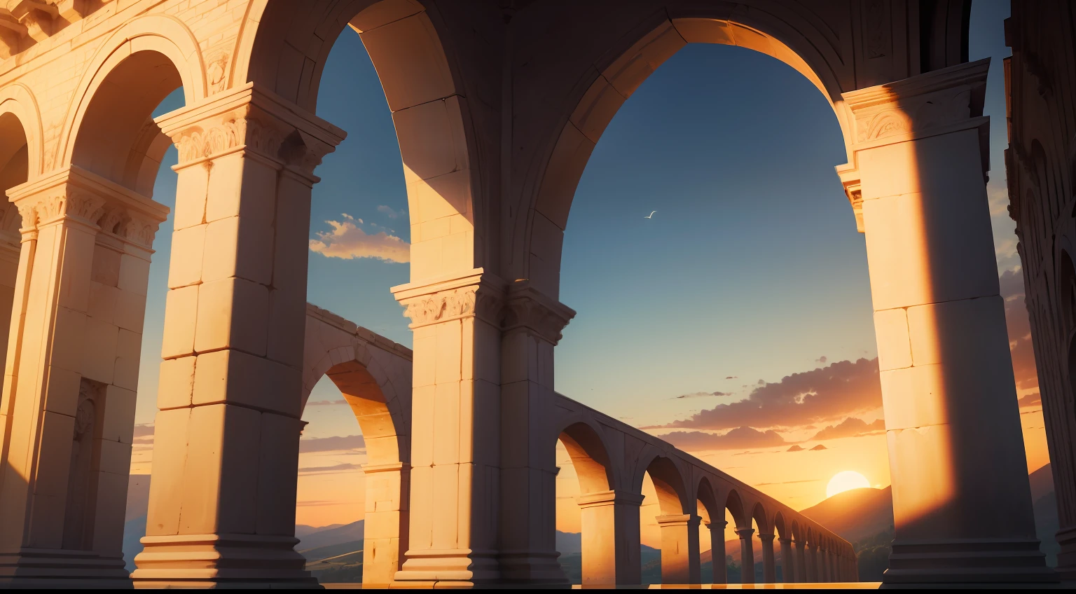 "Stable Diffusion model: Roman aqueduct at sunset with majestic arches, capturing the grandeur of ancient engineering marvels, highlighting the intricate design and precise craftsmanship. The warm glow of sunlight reflects on the smooth stones, casting soft shadows. Show the immensity of the structure against a backdrop of rolling hills and a clear blue sky. Emphasize the historical significance and cultural heritage. +"