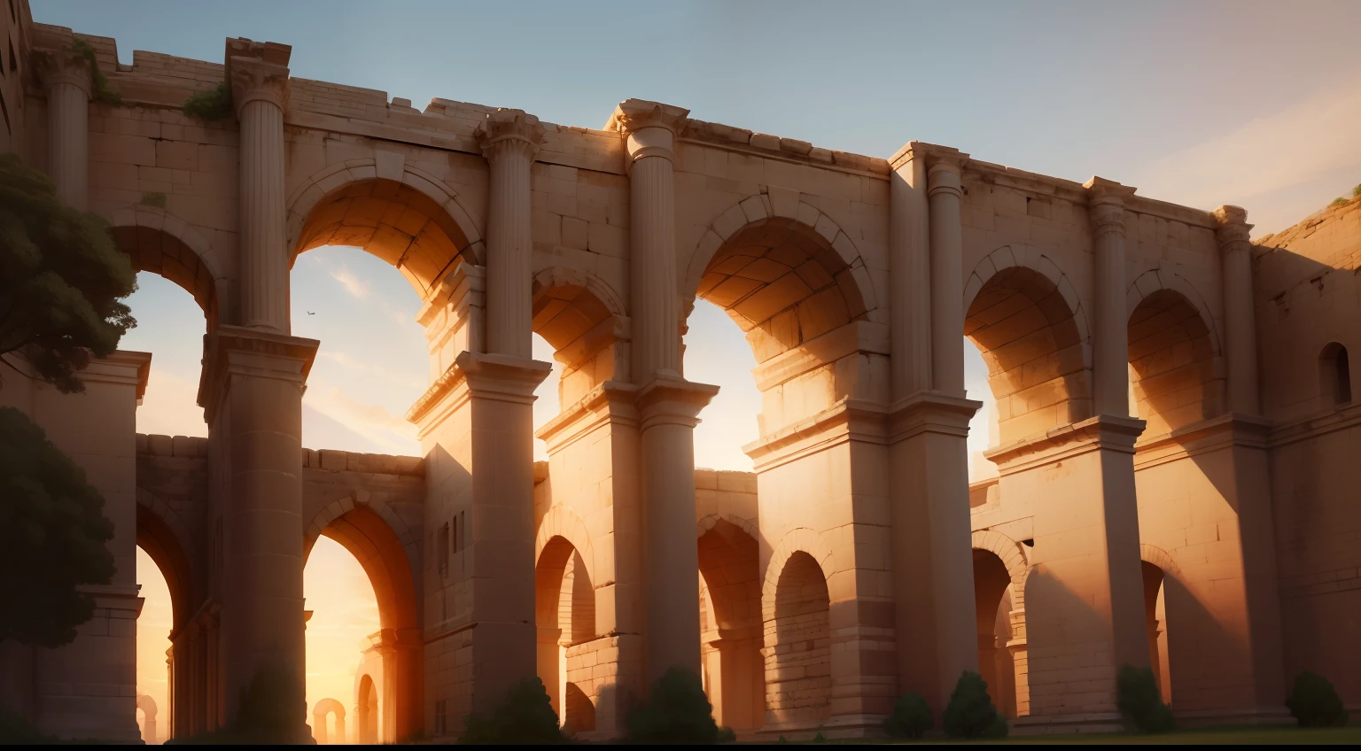 "Stable Diffusion model: Roman aqueduct at sunset with majestic arches, capturing the grandeur of ancient engineering marvels, highlighting the intricate design and precise craftsmanship. The warm glow of sunlight reflects on the smooth stones, casting soft shadows. Show the immensity of the structure against a backdrop of rolling hills and a clear blue sky. Emphasize the historical significance and cultural heritage. +"
