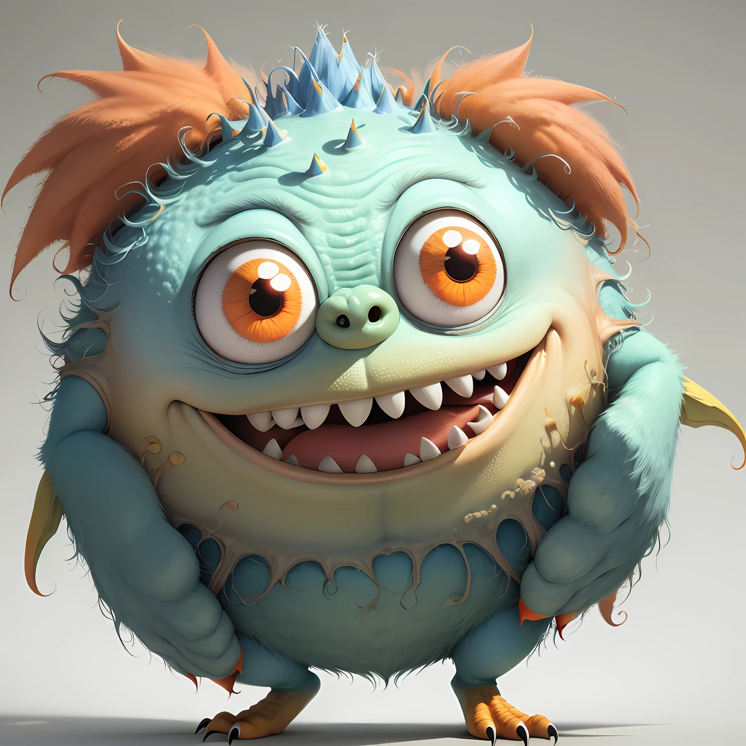 Cartoon monster holding banana with orange hair and big eyes, cartoon creature, ugly monster, cute monster character design, cute monster, monster character design, furry friendly monster, monster design, pixar renderman render, Portrait of a cute monster, pixar renderman, pixar cute character design, Renderer personnel, pixar character design, a character based on a haggis