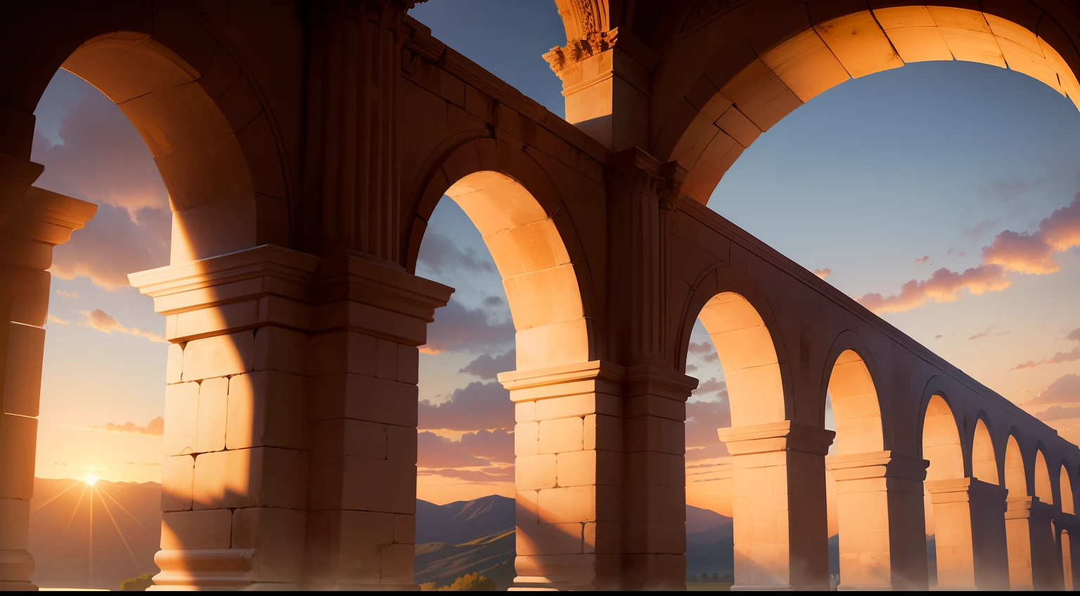 "Stable Diffusion model: Roman aqueduct at sunset with majestic arches, capturing the grandeur of ancient engineering marvels, highlighting the intricate design and precise craftsmanship. The warm glow of sunlight reflects on the smooth stones, casting soft shadows. Show the immensity of the structure against a backdrop of rolling hills and a clear blue sky. Emphasize the historical significance and cultural heritage. +"