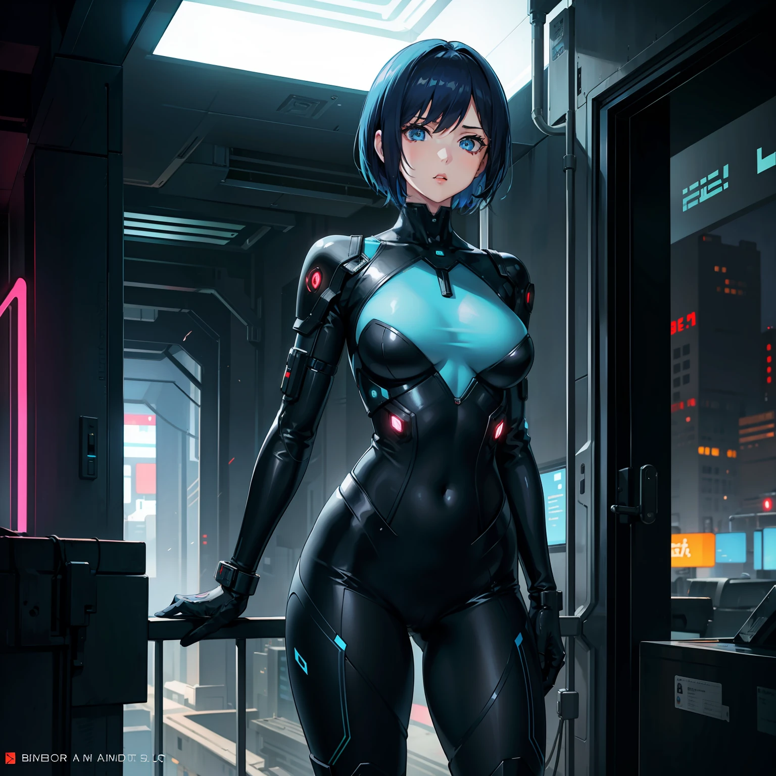 Young women,short hair,blue eyes,medium breasts,short frame,cyberpunk,scifi,bodysuit,indoors,balcony,nsfw