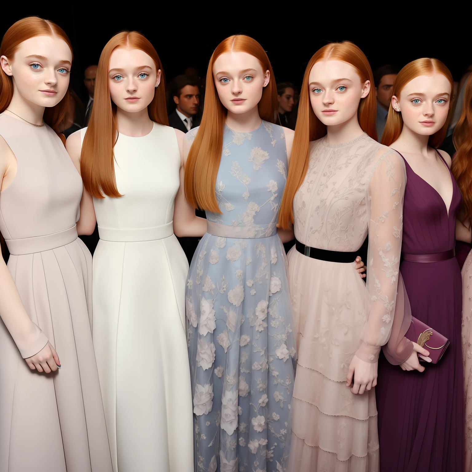arafed image of a woman, sadie sink, sophie turner, sansa, sophie turner girl, elle fanning), elle fanning at night, ellie bamber, ellie bamber fairy, miranda otto, at new york fashion week, & her expression is solemn, pale fair skin!!, dakota fanning