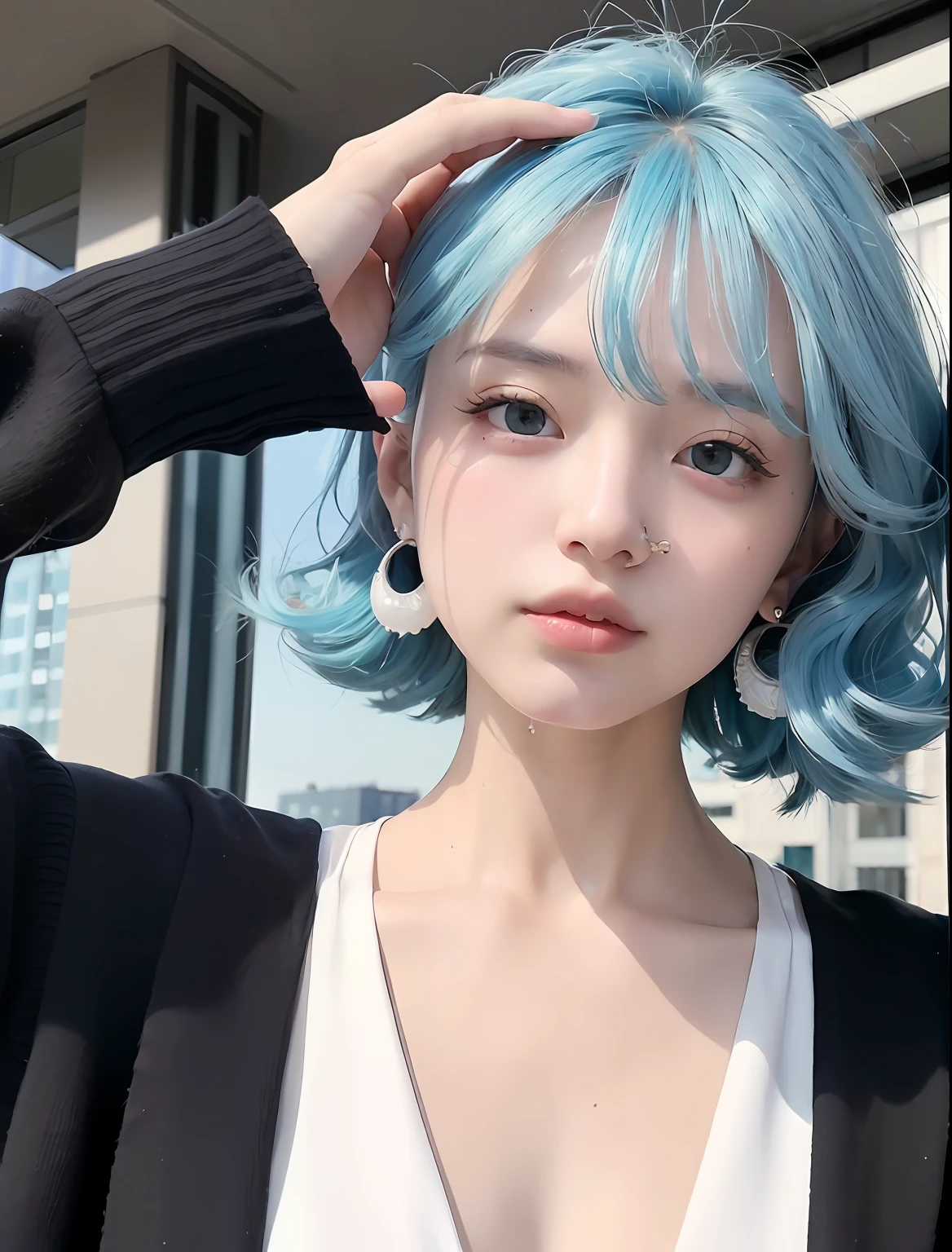 randome pose、mix4、(8K、RAW Photography、top-quality、masterpiece:1.2)、(blue hairs、piercings、realisitic、Photorealsitic:1.37)、1girl in、cute little、A city scape、natta、Sateen、wet、profetional lighting、photon maping、Radio City、Based on physical rendering、Gradient black hair、white hair、short curly hair、a handsome、girl with、White Ballsuit、Superior Quality、hight resolution、1080p、(clearface)、(Detailed face description)、(Detailed hand description)、(masterpiece)、(Exquisite CG)、extreme light and shadows、hair messy、masterpiece、lush detail、(Exquisite facial features)、(top-quality)、(masterpiece)、(Delicat eyes)、Looking forward to your eyes、exquisite collar bone