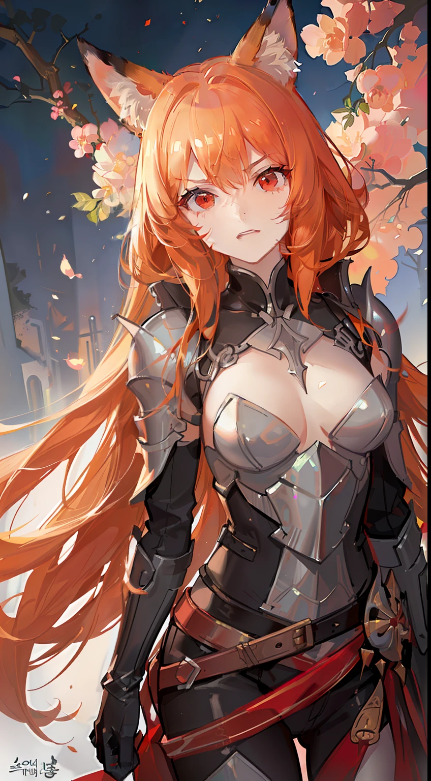 Adult woman, llong orange hair, Fox ears, red-eyes, Tight Korean armor, anger, Masterpiece, hiquality