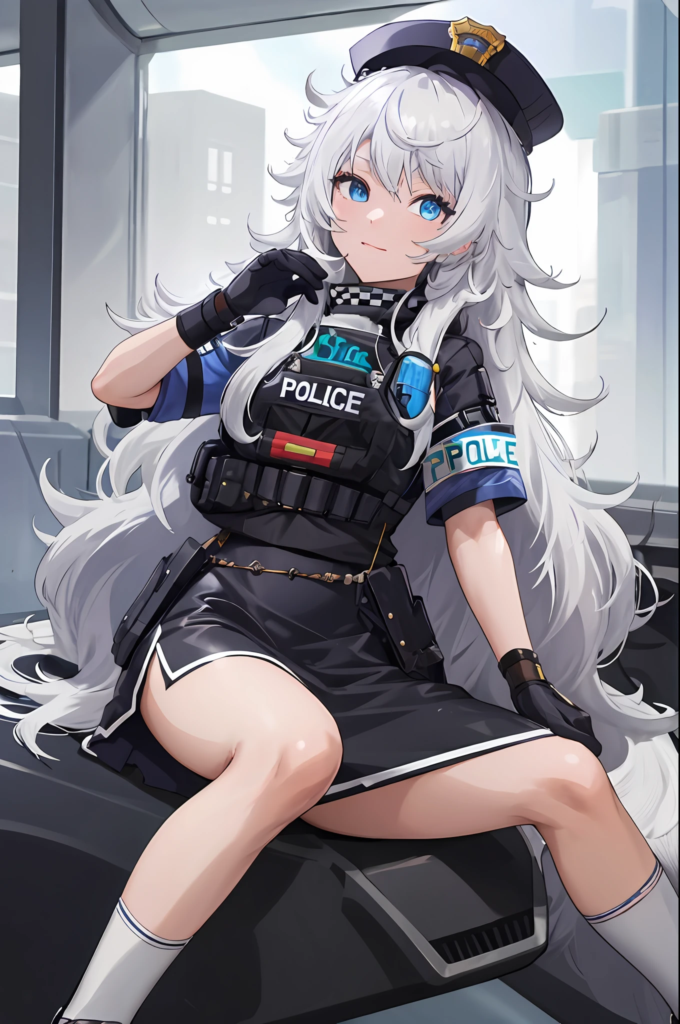 masutepiece, Best Quality, hight resolution, 1girl in, Solo, Long hair, hat, Blue eyes, White hair, hair messy, Black Gloves, White socks, Police Uniform, Black skirt, Short sleeves, Cowboy Shot,