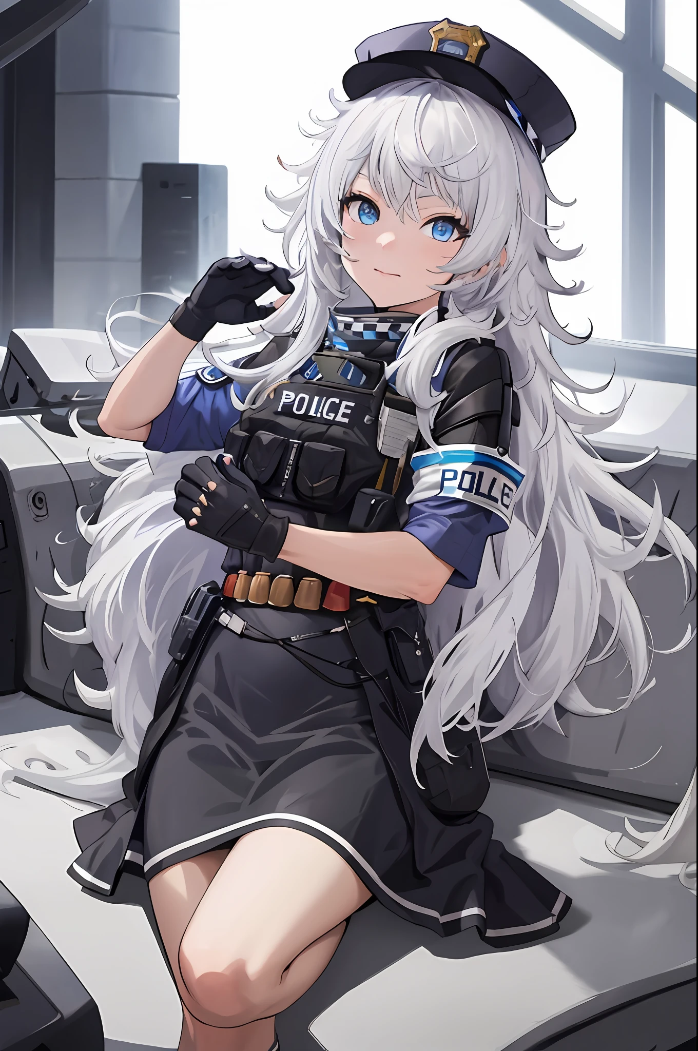 masutepiece, Best Quality, hight resolution, 1girl in, Solo, Long hair, hat, Blue eyes, White hair, hair messy, Black Gloves, White socks, Police Uniform, Black skirt, Short sleeves, Cowboy Shot,