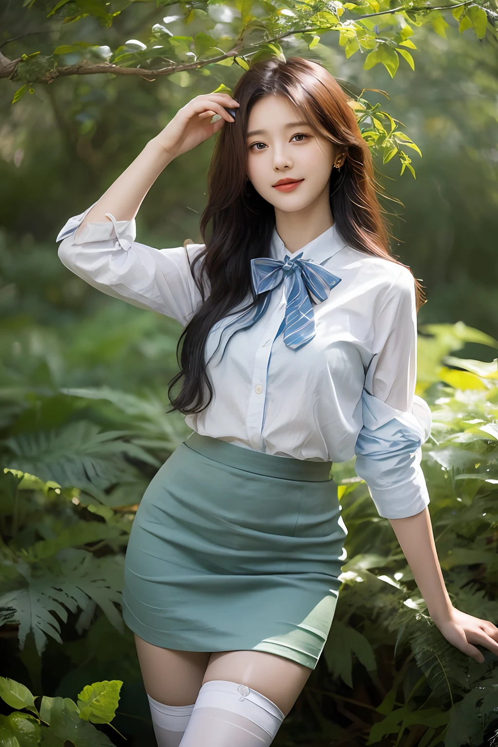 A cute girl, 20 years old, light blue eyes, black hair, long bohemian hairstyle, wearing (sky blue) short skirt skirt skirt and shirt, in a dark, mysterious forest, twisted branches and creeping vines, front picture, earrings, bow tie, noon, cinematic lighting, ((masterpiece)), (best quality), (high resolution), original, extremely detailed 8K, (realism: 1.4), flawless face, perfect eyes, symmetrica body type, (full body), smile, White stockings