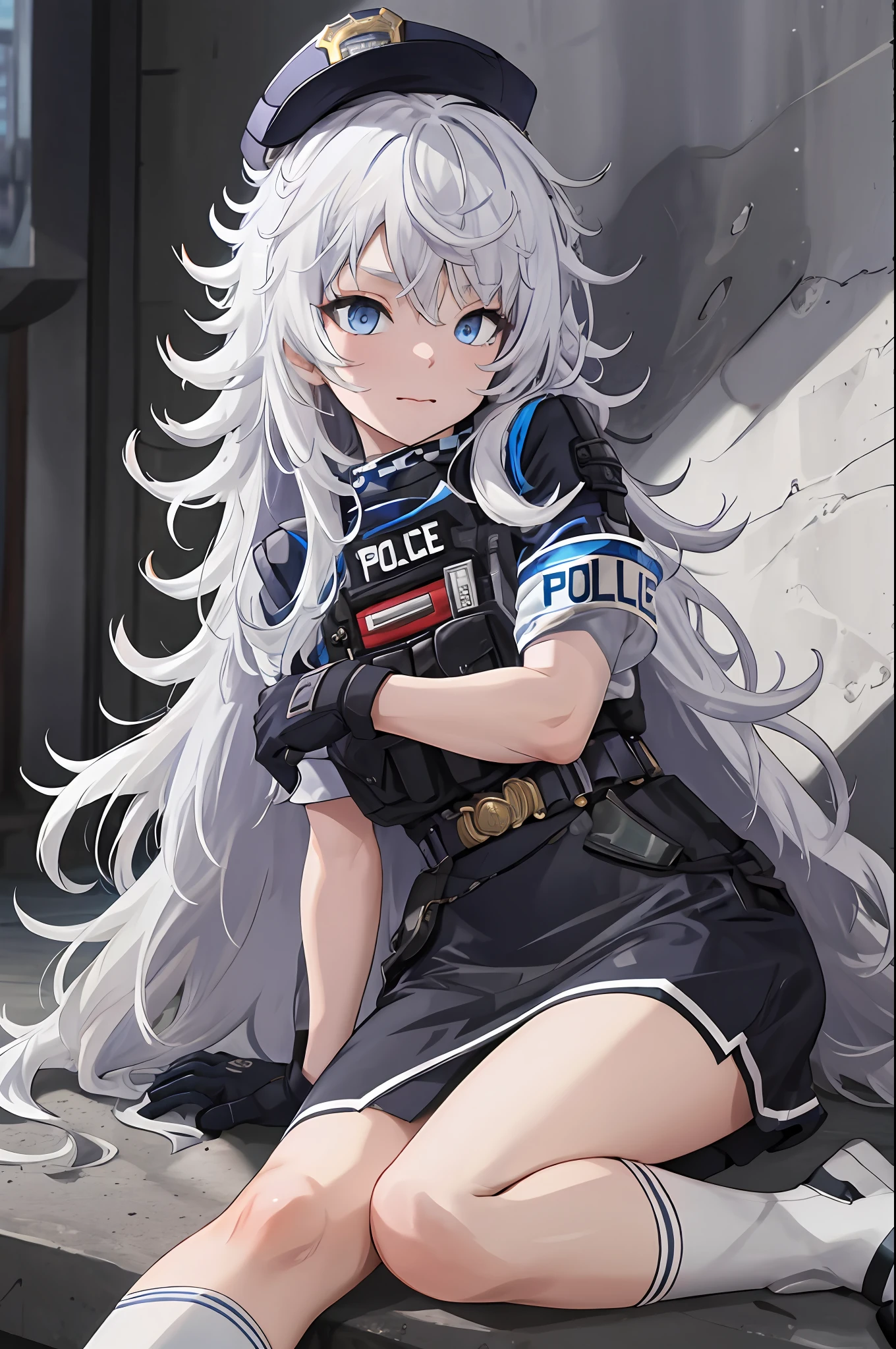 masutepiece, Best Quality, hight resolution, 1girl in, Solo, Long hair, hat, Blue eyes, White hair, hair messy, Black Gloves, White socks, Police Uniform, Black skirt, Short sleeves, Cowboy Shot,