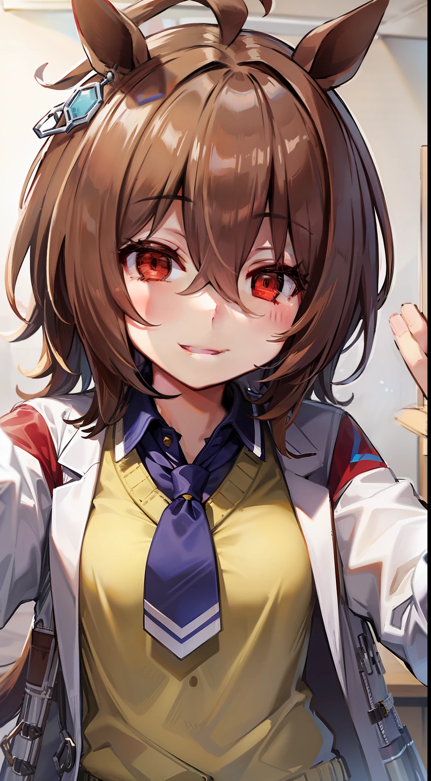 Agnes Tachyon(umamusume) 、scientist、white coat、yellow cardigan、navy necktie、snowcity、selfie、smile、snowcity