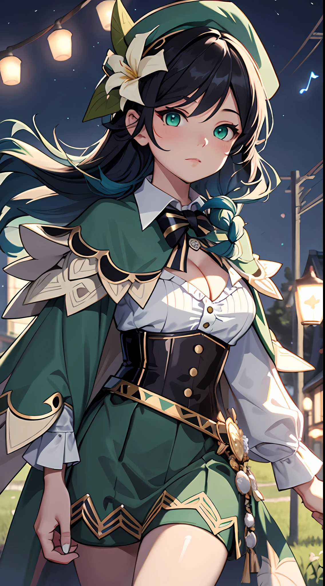 Masterpiece, Best quality,(Night:1.6),1boy, Kizi，Large breasts，(cleavage:1.2)，Off-the-shoulder attire，Superskirt，Venti (Genshin Impact), Solo, green headwear, Hat, flower, multicolored hair, Long sleeves, Braid, frilled sleeves, lyre, collared cape, Double up braid, beret, shirt, bobbed long hair, flor branca, leafs, Gradient hair, Black hair, bangs, White shirt, frilld, Cape, Corset, Green eyes, Collared shirt,  musical note, Holding, Outdoors, view the viewer,(kbxll:0.6)