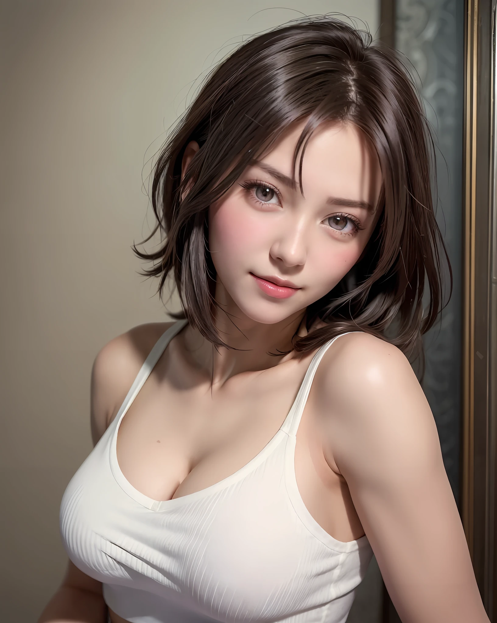 Best Quality, Ultra High Resolution, (Photorealistic: 1.4), Beautiful Eyes, Super Beautiful, Very Short Hair, Beautiful, Sweetheart, T-shirt with Rough Chest, Beautiful Soldier, Eyes That Invite Viewer, Lover's Perspective, Inviting Expression, Sexy Smile, Perfect Style, Perfect Balance, Detailed Skin, Naughty Gaze, Chest Visible