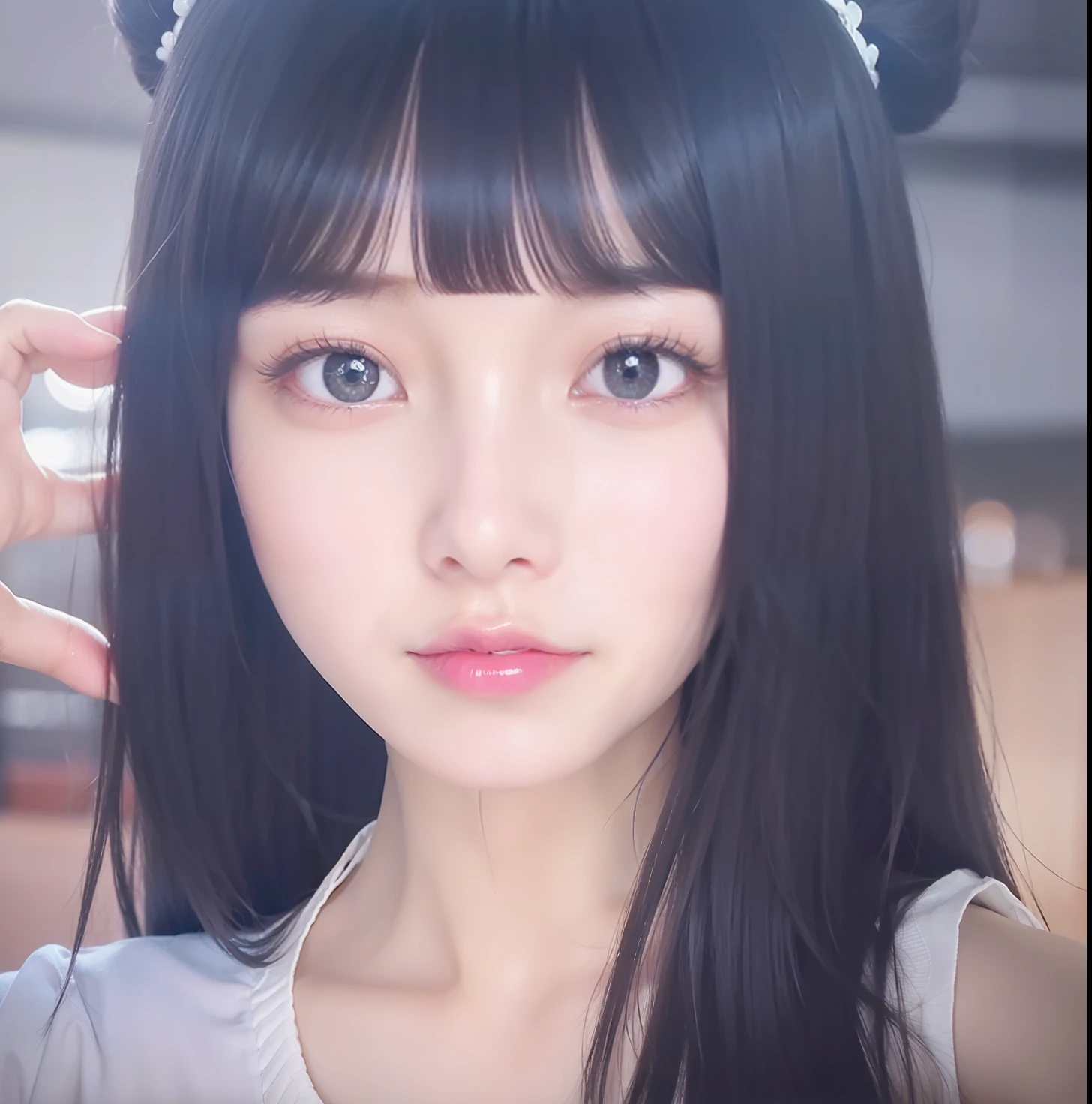 1gilr, Hinata Hyuga, Long straight hair,Black hair, Eye Byakugan, glossy white skin,gray Shirt,Realistic,(Best quality, 8k, 32k, Masterpiece, UHD:1.2),Photo of Pretty Japanese woman,Ultra Detailed Face, Detailed Eyes, Double Eyelids