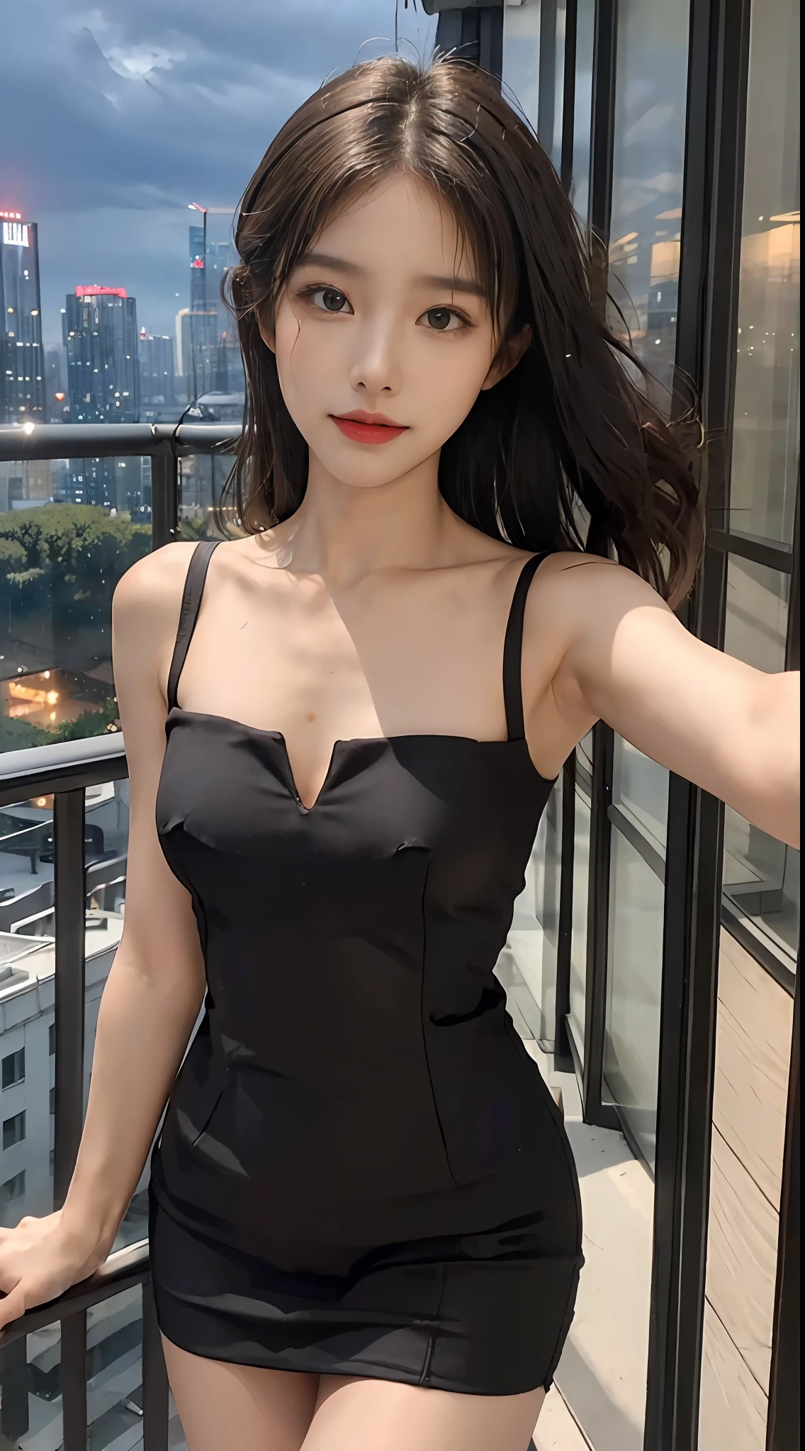 ((Best Quality, 8K, Masterpiece: 1.3)), Selfie, Sharp Focus: 1.2, Cute Beauty with Perfect Figure: 1.4, Slim Big Breasts: 1.2, ((Brown Black, Big Breasts: 1.2)), (Small Transparent Dress, Highly Fine Breasts, Happy Expression, Standing: 1.2), ((Rainy City Night View, Simple Balcony: 1.3 Made with female main focus)), Highly detailed facial and skin texture, detailed eyes, double eyelids