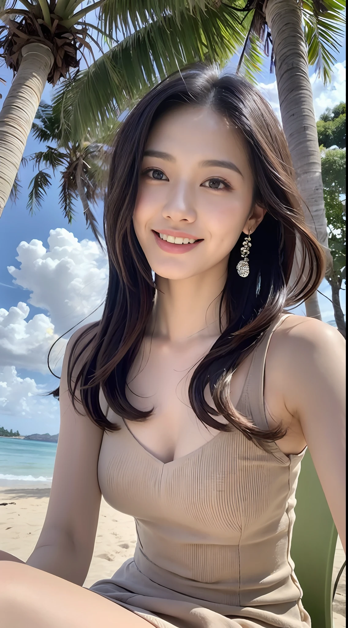 A young and beautiful,Beautiful cute girl,half-body photo。Extremely beautiful and delicate,Black color hair,A sweet smile,Delicate and beautiful fair skin,Realistic and realistic,exquisite and complete facial features,Detailed depiction of the face,tall nose bridge,Smooth hair,extremely detail hair,Feminine temperament,with a well-proportioned body,Realiy,White teeth,Tied up with hair,Hyper-realism,sandals,Extreme picture quality,Highest precision,Precise and perfect human anatomy。with blue sky and white clouds,rays of sunshine,(Tutu dress)(telephoto shot,)Express the landscape,Under coconut trees,Highlight portrait。Sitting on the beach by the sea。Wearing earrings,Sideways photo