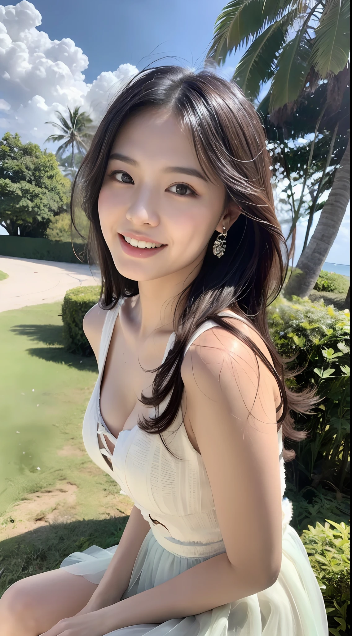 A young and beautiful,Beautiful cute girl，half-body photo。Extremely beautiful and delicate，Black color hair，A sweet smile，Delicate and beautiful fair skin，Realistic and realistic，exquisite and complete facial features，Detailed depiction of the face，tall nose bridge，Smooth hair，extremely detail hair，Feminine temperament，with a well-proportioned body，Realiy，White teeth，Tied up with hair，Hyper-realism，sandals，Extreme picture quality,Highest precision,Precise and perfect human anatomy。with blue sky and white clouds，rays of sunshine，(Tutu dress)（telephoto shot，）Express the landscape，Under coconut trees，Highlight portrait。Sitting on the beach by the sea。Wearing earrings，Sideways photo