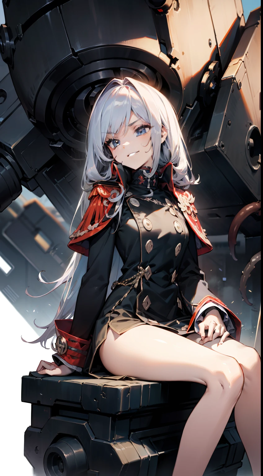 8k 壁纸,((tmasterpiece)),Royal Sister,(White waist-length hair),God of the gods,dominate,Darkness and evil,There was a red mist around her,(Bare legged),(Smirking),Handsome,Black booties,Black Imperial uniform,(high and cold),small detailed, Ultra detailed, Best quality, iintricate, (Close up),Sit with your legs bent,(Sit on a huge machine platform),Thin leg,Floating black tones,(Behind him is a huge war machine),(The final showdown),(Swarm machine background),Line break timeline,Mechanical tentacles,