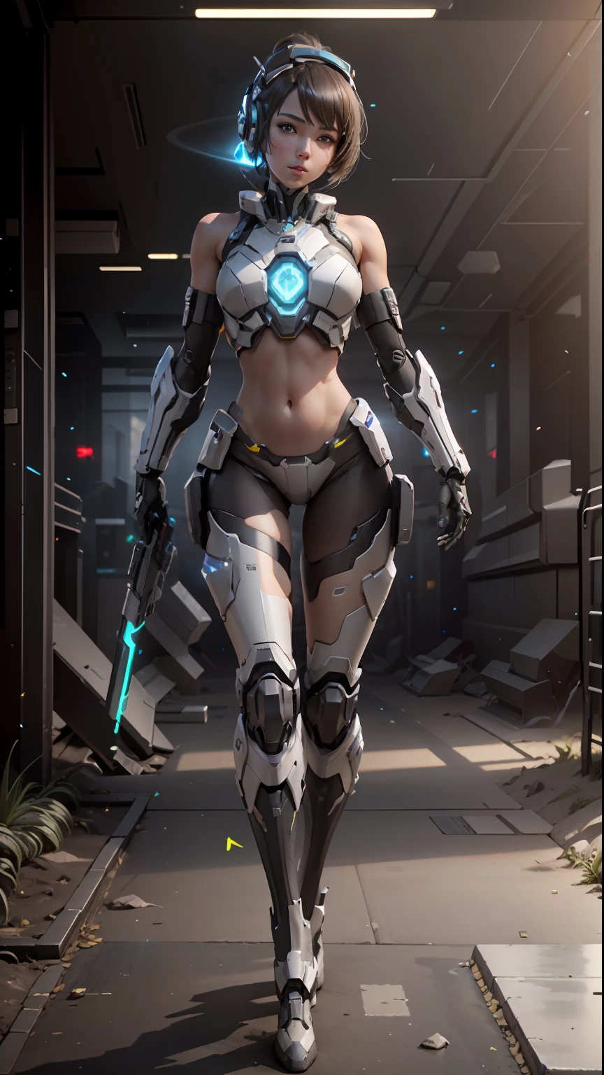 ((best qualtiy)), ((tmasterpiece)), (The is very detailed:1.3), sci-fi mech, Beautiful cyberpunk woman wearing mech,Bare with thighs,Wear mecha-style boots,Bare shoulders and upper arms,Mecha-style gloves,Bare abdomen and navel, hdr(HighDynamicRange), Ray traching, NVIDIA RTX, Hyper-Resolution, Unreal 5, sub surface scattering, PBR Texture, post-proces, Anisotropic filtering, depth of fields, Maximum clarity and sharpness, Many-Layer Textures, Albedo e mapas Speculares, Surface coloring,Accurately simulate light-material interactions,perfectly proportions,rendering by octane,twotonelighting,Low ISO,White balance,trichotomy,Wide aperture,8K raw data,High-Efficiency Sub-Pixel,sub-pixel convolution,Luminous Particle,Light scattering,Tyndall effect