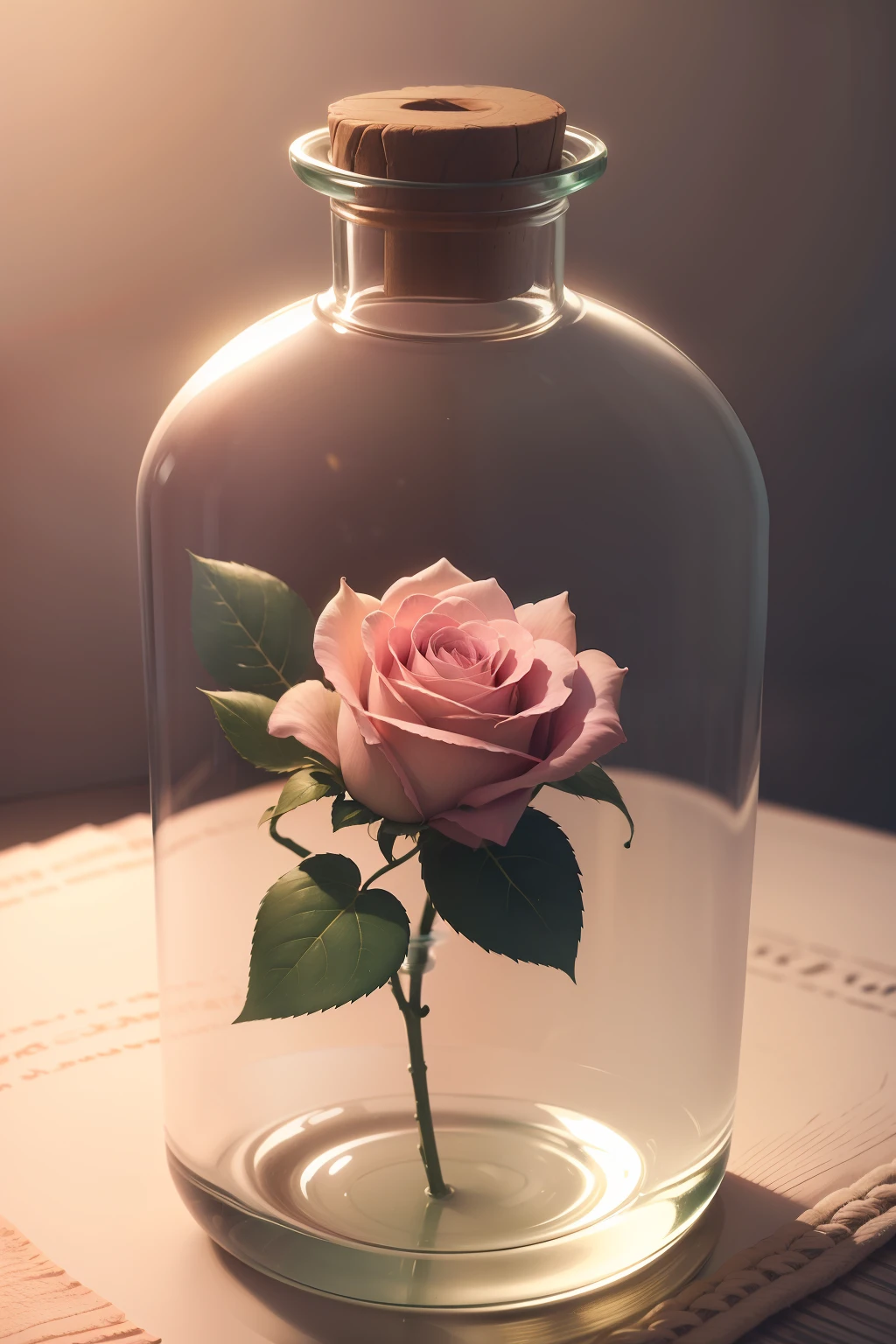 A slightly pink delicate rose with green leaves on a glass vase,The bottle is cylindrical,There is no need for water in the bottle