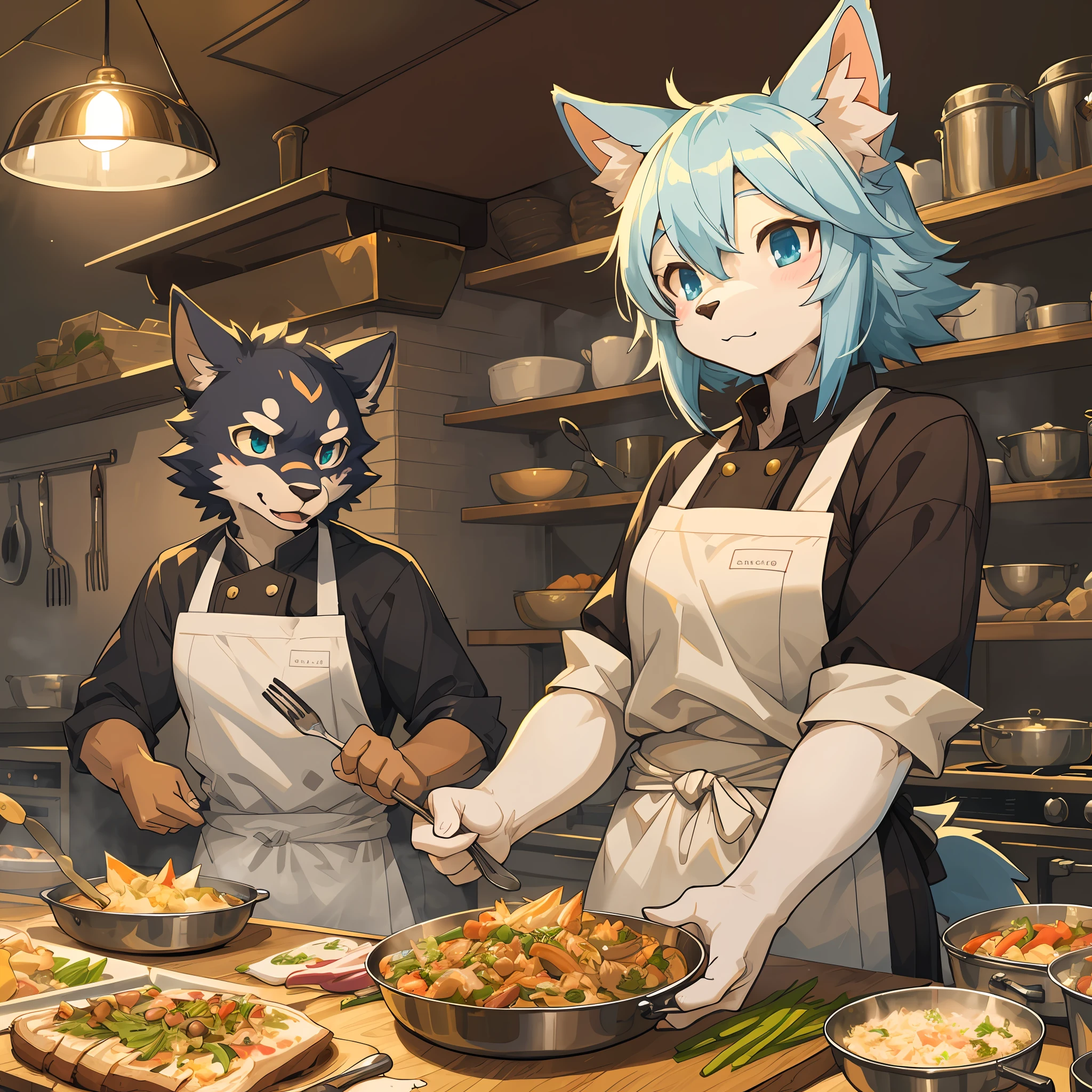 top quality, best quality, High-quality illustrations, masterpiece, super high resolution, detailed background, cooking, chef, 6+boys, 6+girls, absurdres(highly detailed beautiful face and eyes)perfect anatomy, expression, good lighting, cinematic shadow(kemono, furry anthro),