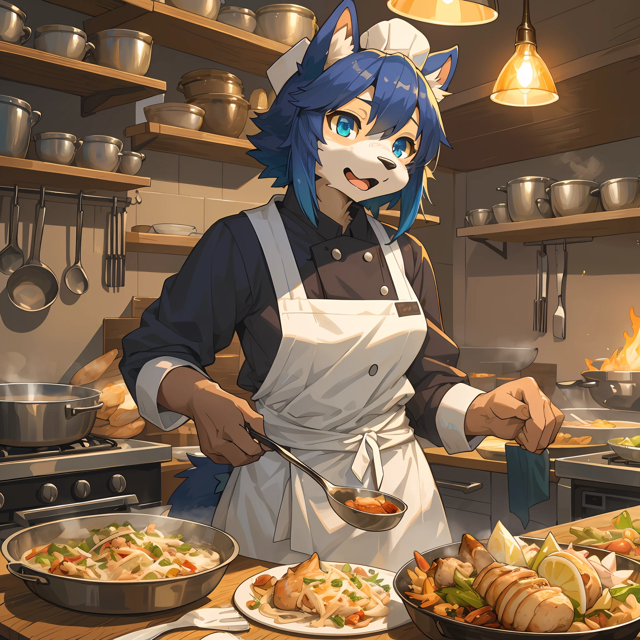 top quality, best quality, High-quality illustrations, masterpiece, super high resolution, detailed background, cooking, chef, 6+boys, 6+girls, absurdres(highly detailed beautiful face and eyes)perfect anatomy, expression, good lighting, cinematic shadow(kemono, furry anthro),