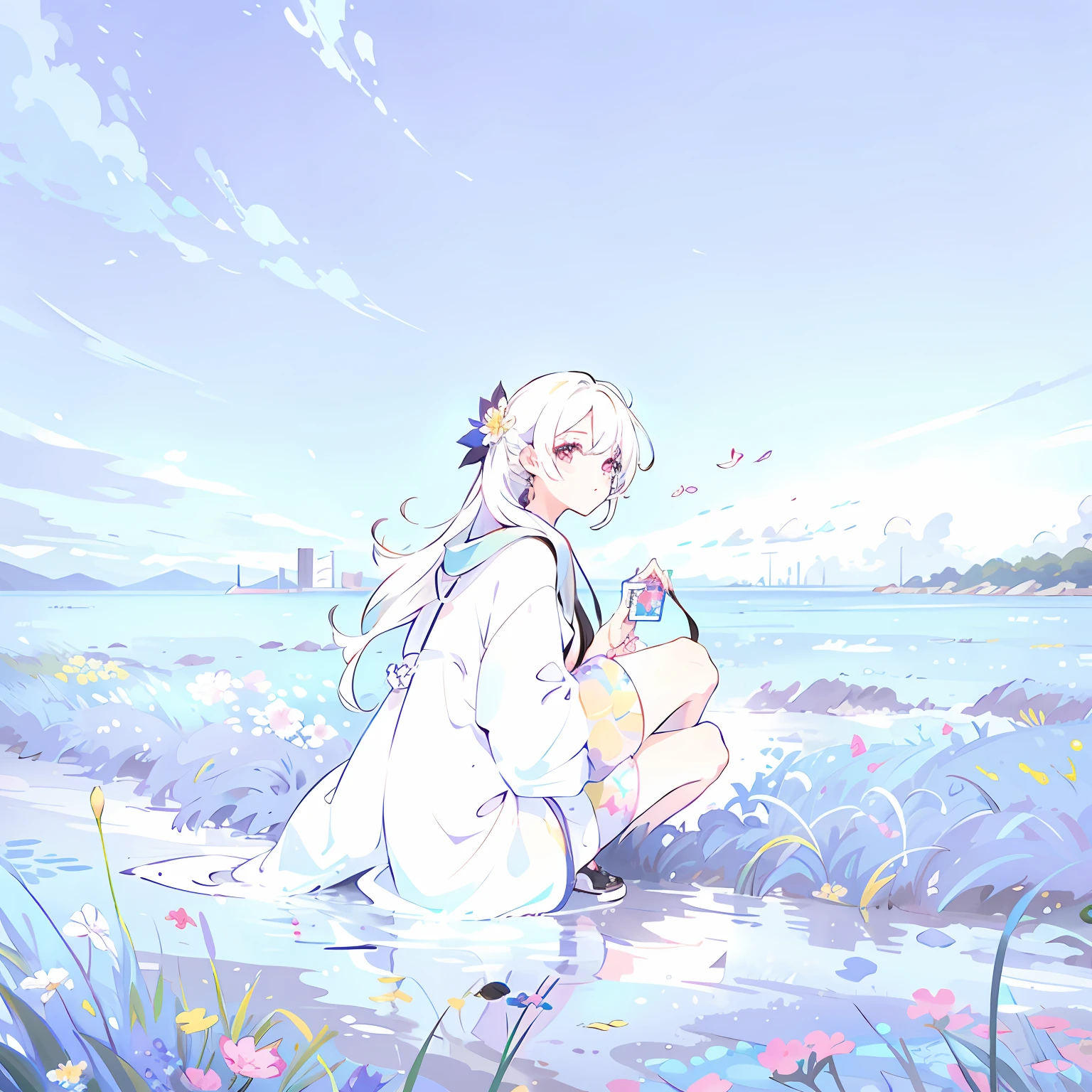 teens girl、blackdress、whaite hair、flower sea、blue-sky、baiyun