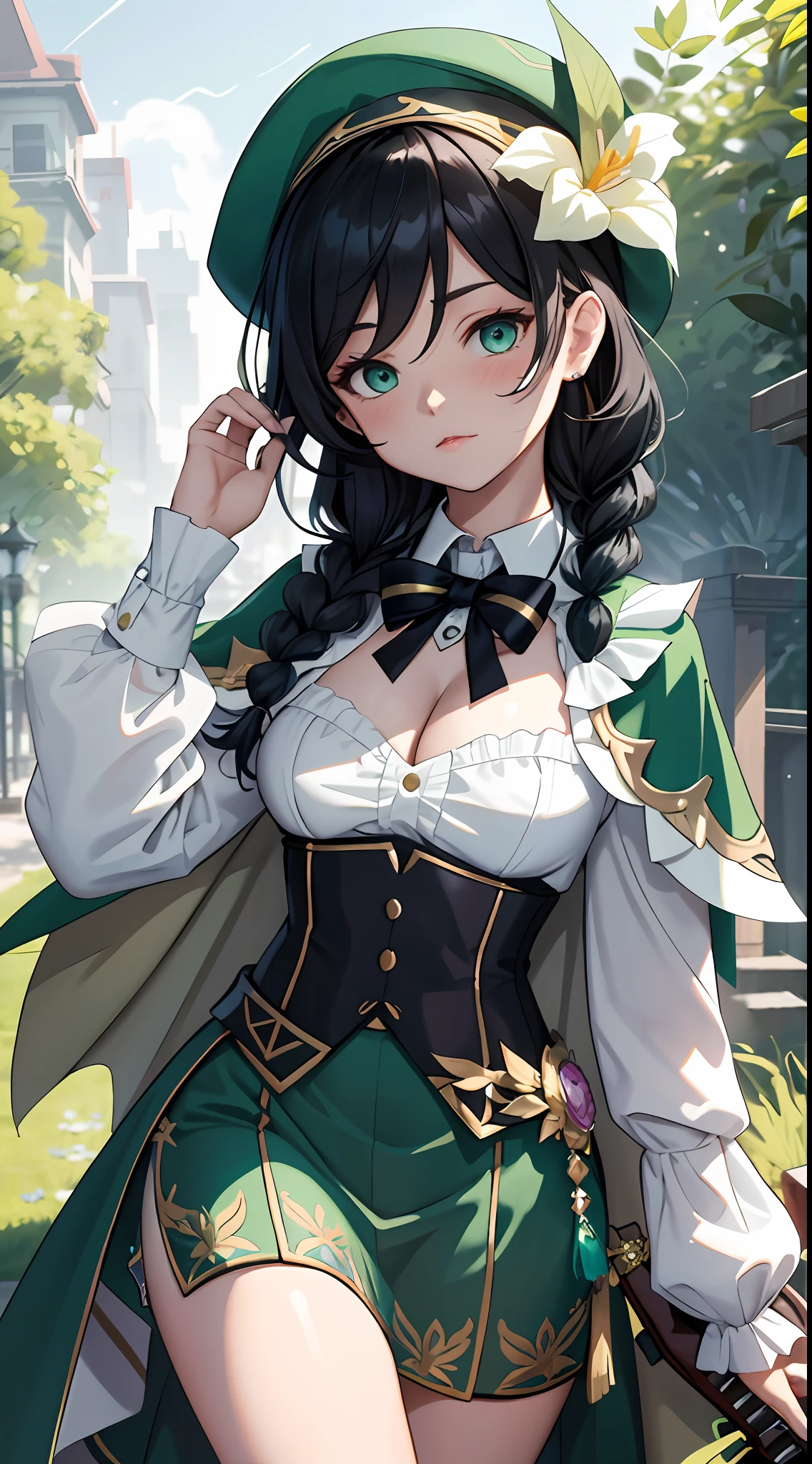 Masterpiece, Best quality,(Night:1.6),1boy, Kizi，Large breasts，(cleavage:1.2)，Off-the-shoulder attire，Superskirt，Venti (Genshin Impact), Solo, green headwear, Hat, flower, multicolored hair, Long sleeves, Braid, frilled sleeves, lyre, collared cape, Double up braid, beret, shirt, bobbed long hair, flor branca, leafs, Gradient hair, Black hair, bangs, White shirt, frilld, Cape, Corset, Green eyes, Collared shirt,  musical note, Holding, Outdoors, view the viewer,(kbxll:0.6)