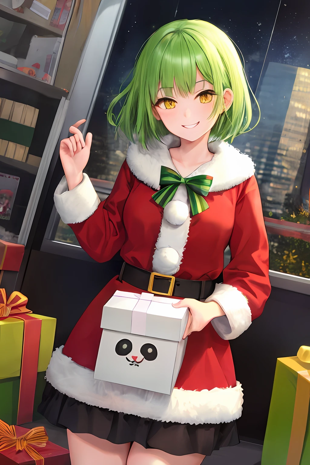 1girl, bright green hair, short hair, Santa Chloted, yellow eyes, masterpiece, best illustration, best manga, cute, smile, gift me a present