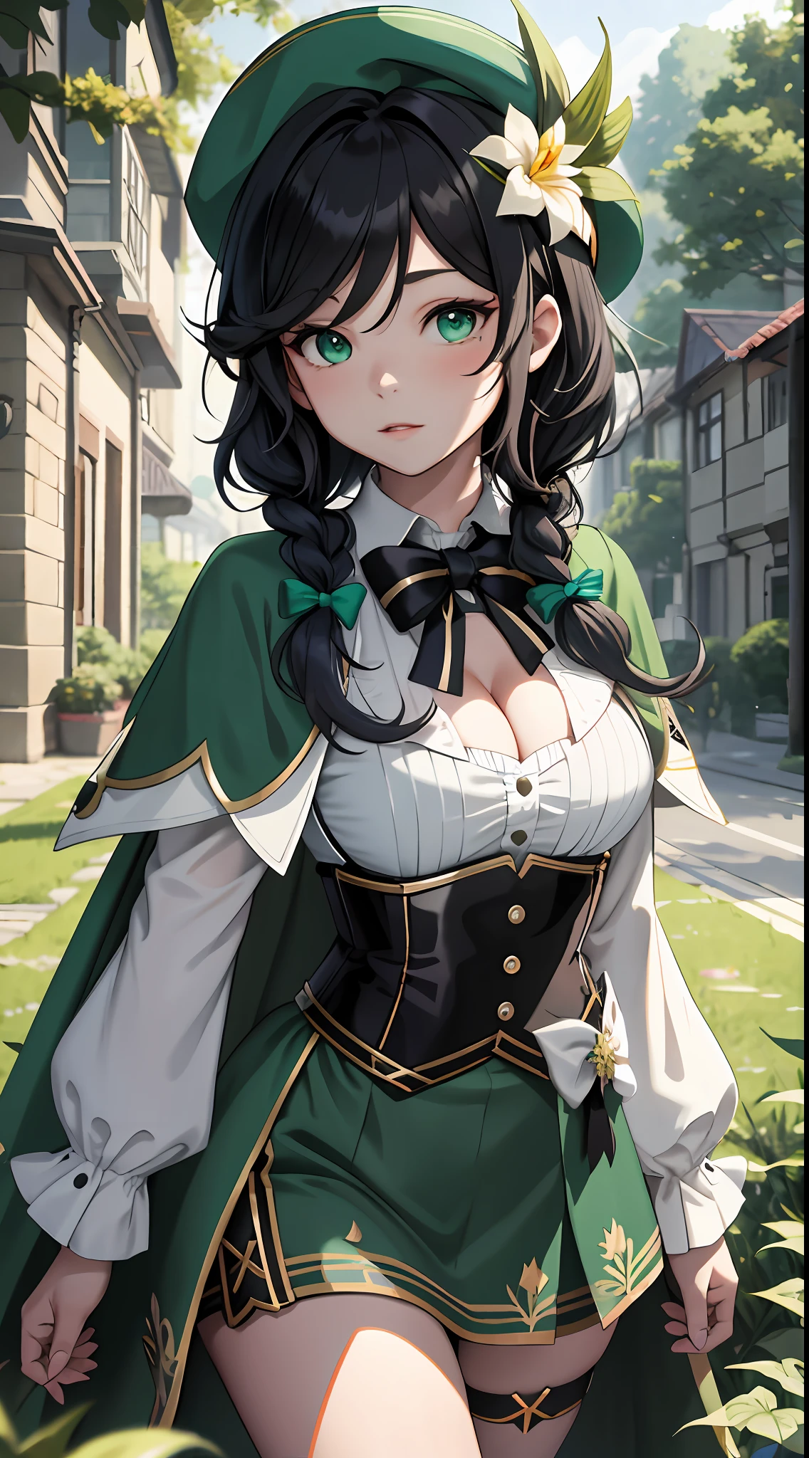 Masterpiece, Best quality,(Night:1.6),1boy, Kizi，Large breasts，(cleavage:1.2)，Off-the-shoulder attire，Superskirt，Venti (Genshin Impact), Solo, green headwear, Hat, flower, multicolored hair, Long sleeves, Braid, frilled sleeves, lyre, collared cape, Double up braid, beret, shirt, bobbed long hair, flor branca, leafs, Gradient hair, Black hair, bangs, White shirt, frilld, Cape, Corset, Green eyes, Collared shirt,  musical note, Holding, Outdoors, view the viewer,(kbxll:0.6)